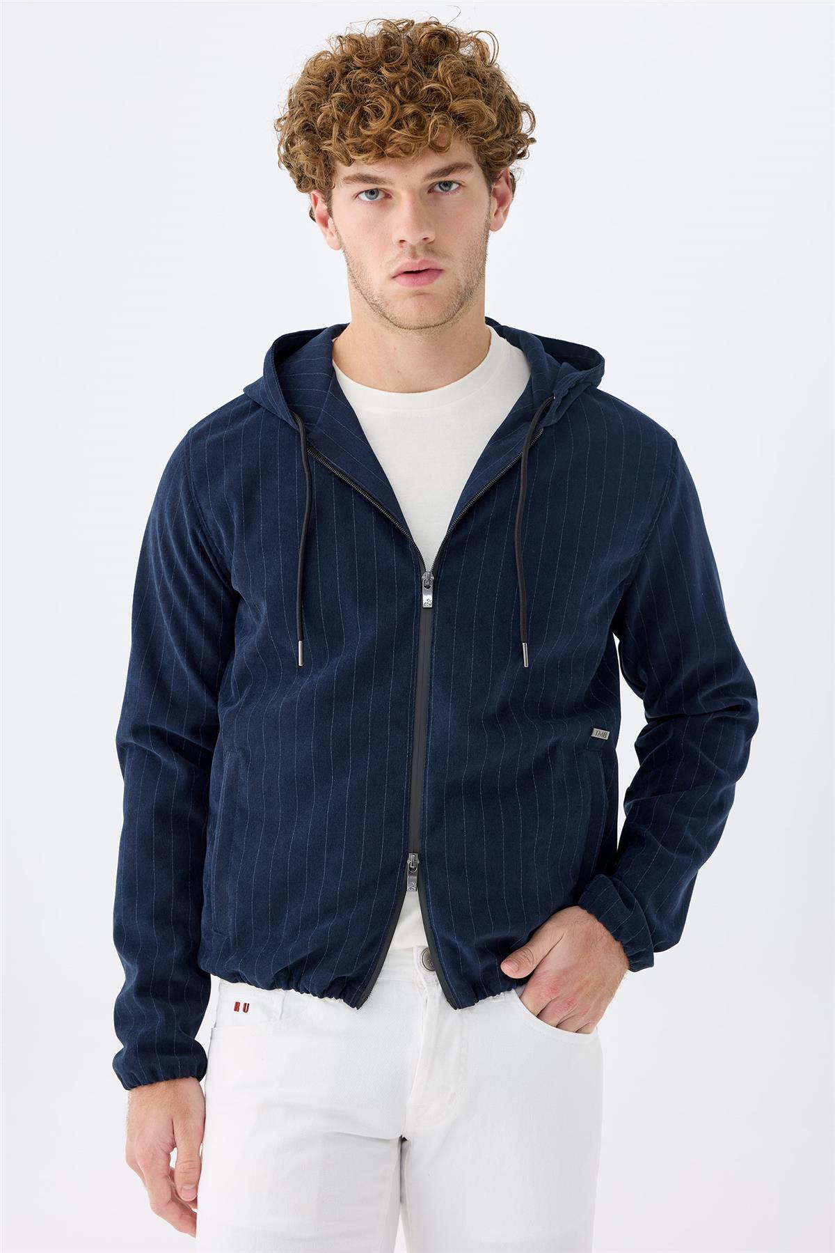 Lacivert Çizgili Running  Pamuk Mont