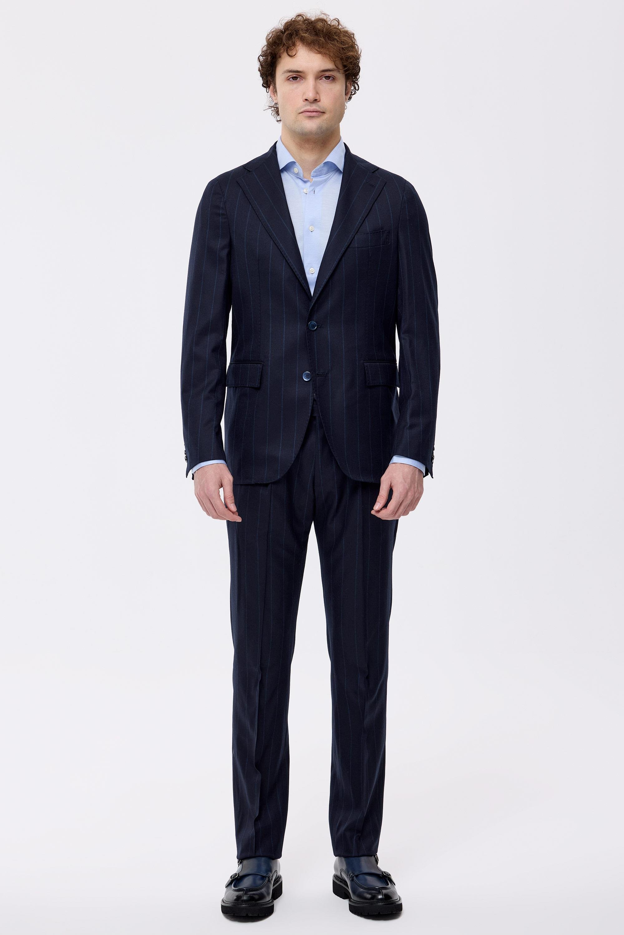 Lacivert Çizgili Saf Yün Takım Elbise