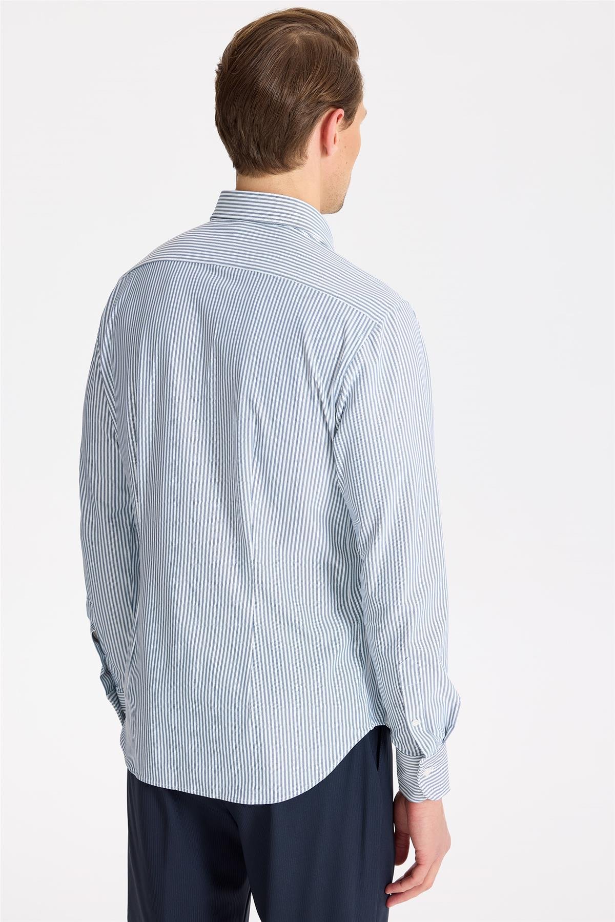 Lacivert Çizgili Teknik Kumaş Gömlek