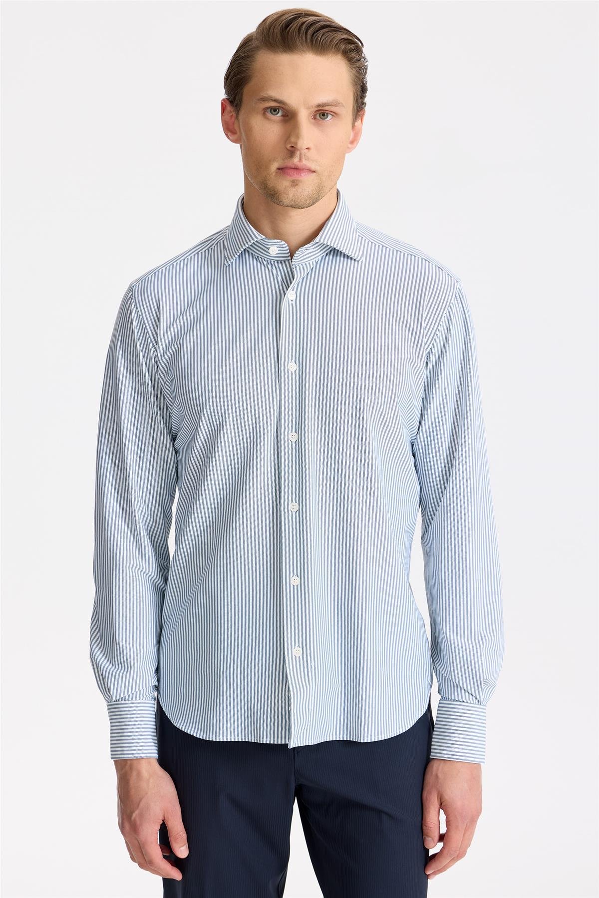 Lacivert Çizgili Teknik Kumaş Gömlek