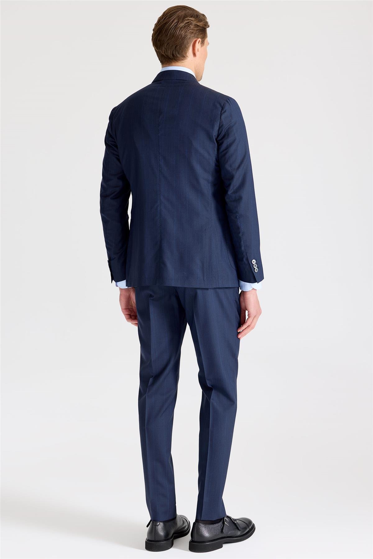 Lacivert Çizgili Yün İpek Takım Elbise