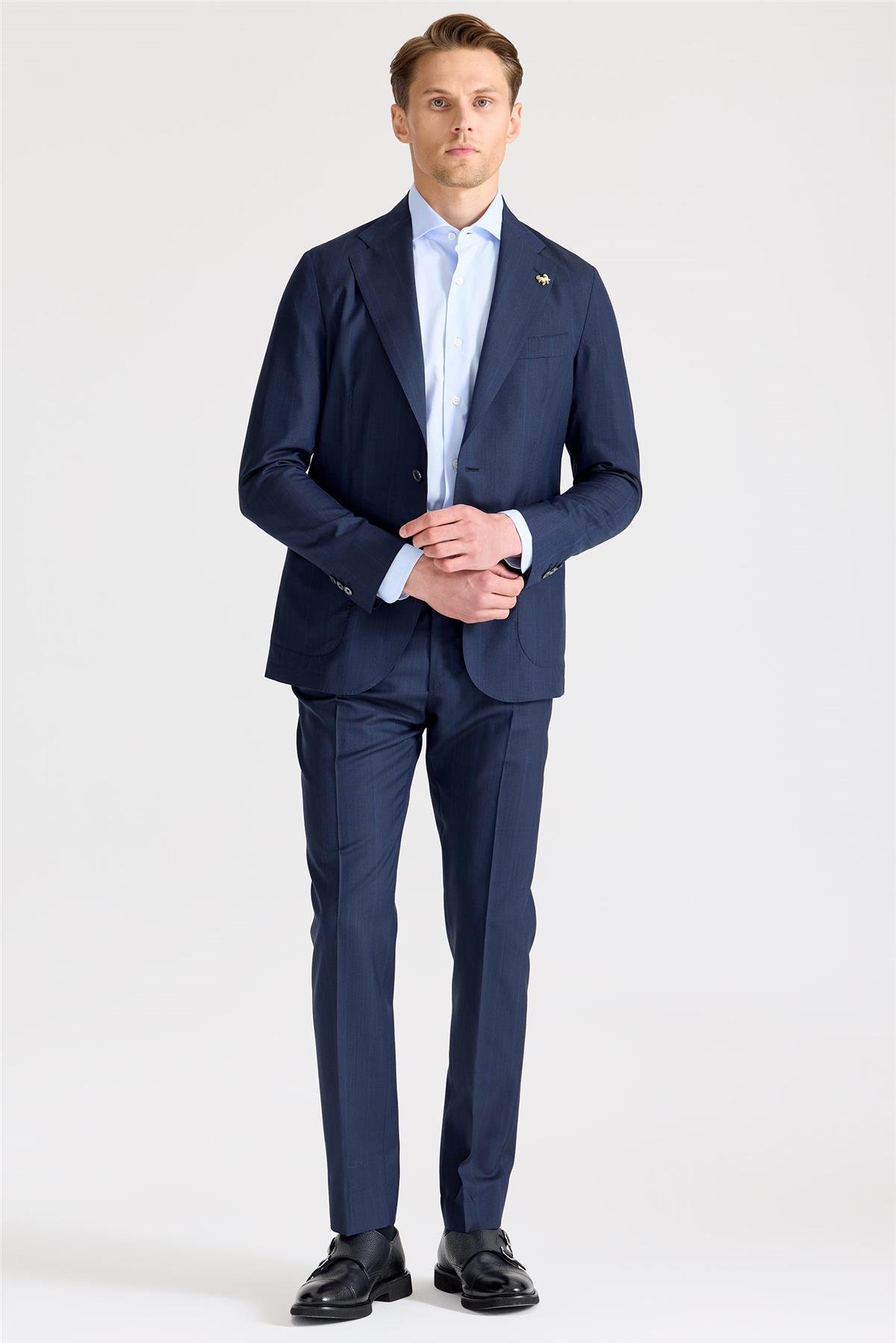 Lacivert Çizgili Yün İpek Takım Elbise