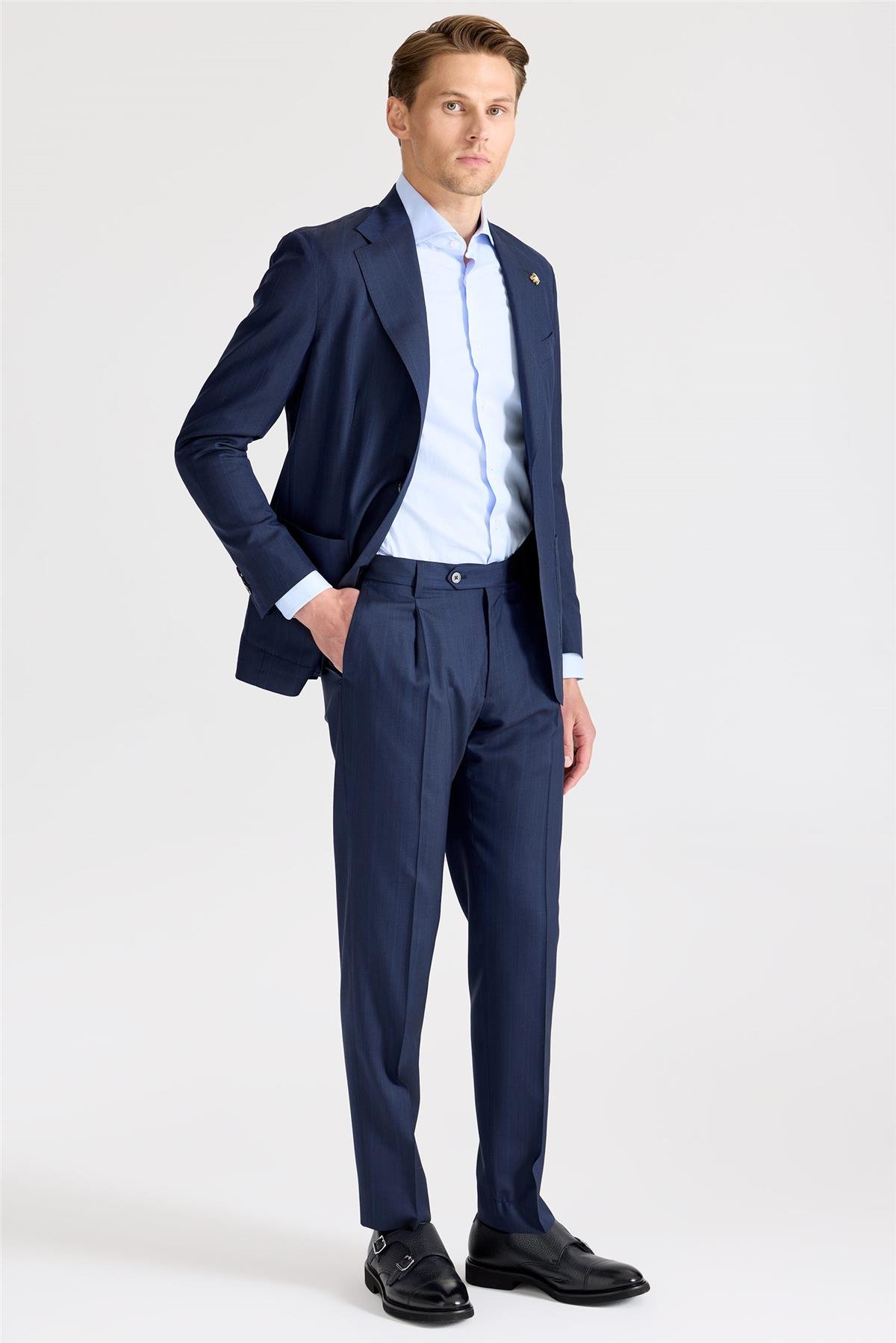 Lacivert Çizgili Yün İpek Takım Elbise