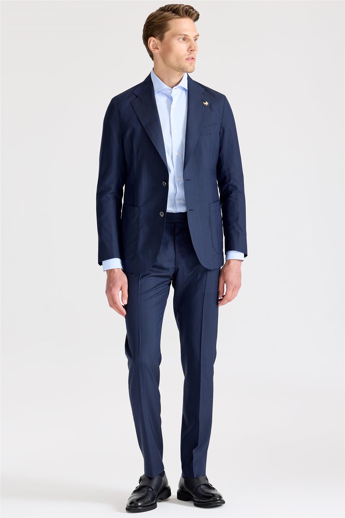 Lacivert Çizgili Yün İpek Takım Elbise