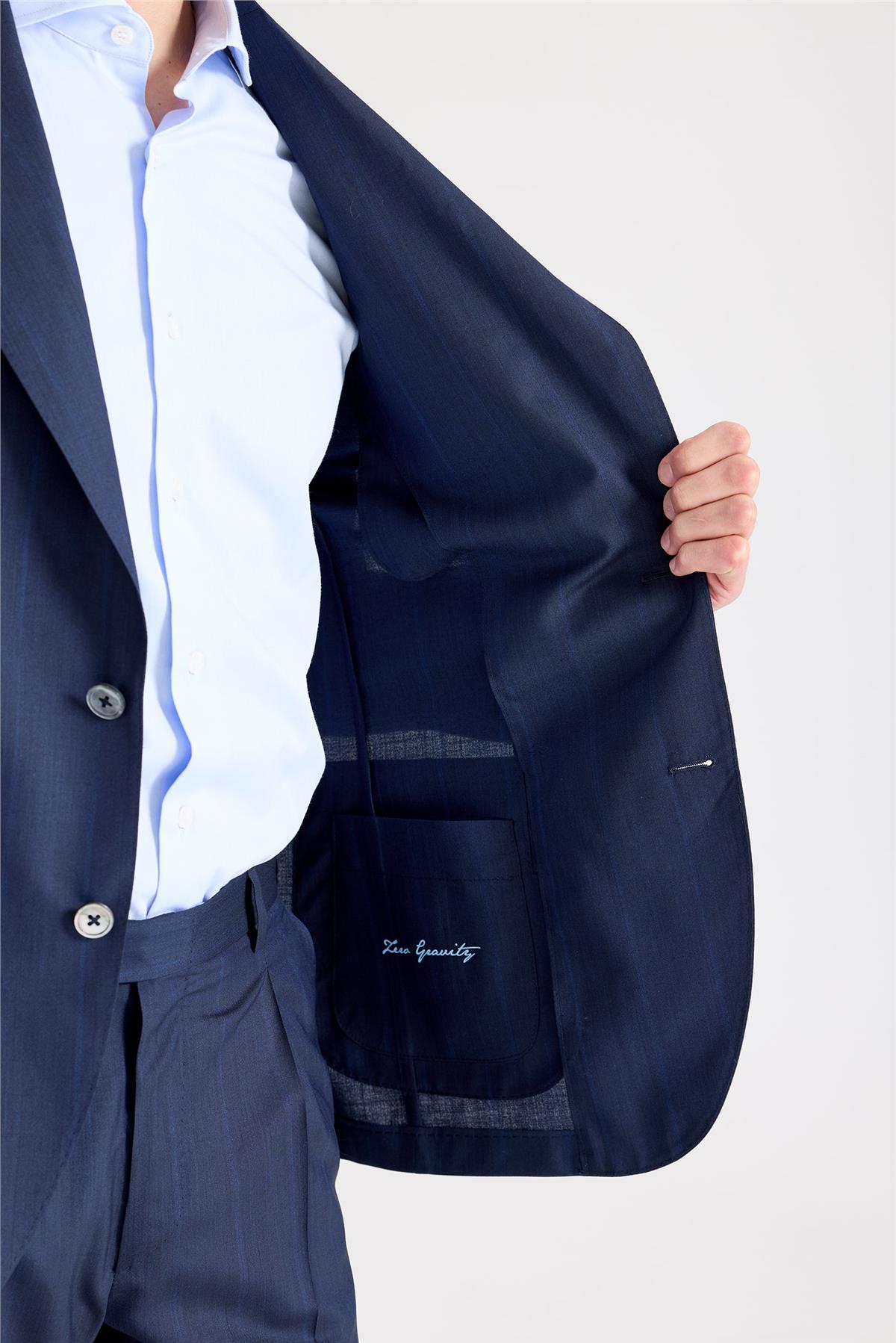 Lacivert Çizgili Yün İpek Takım Elbise