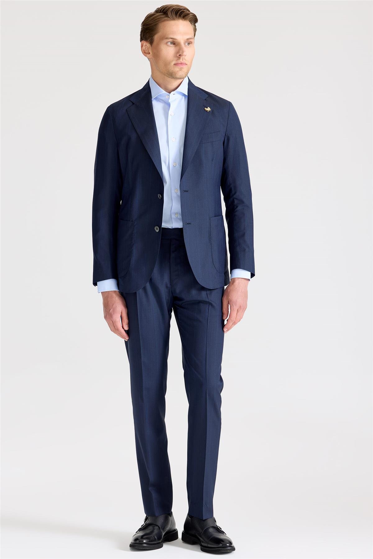 Lacivert Çizgili Yün İpek Takım Elbise