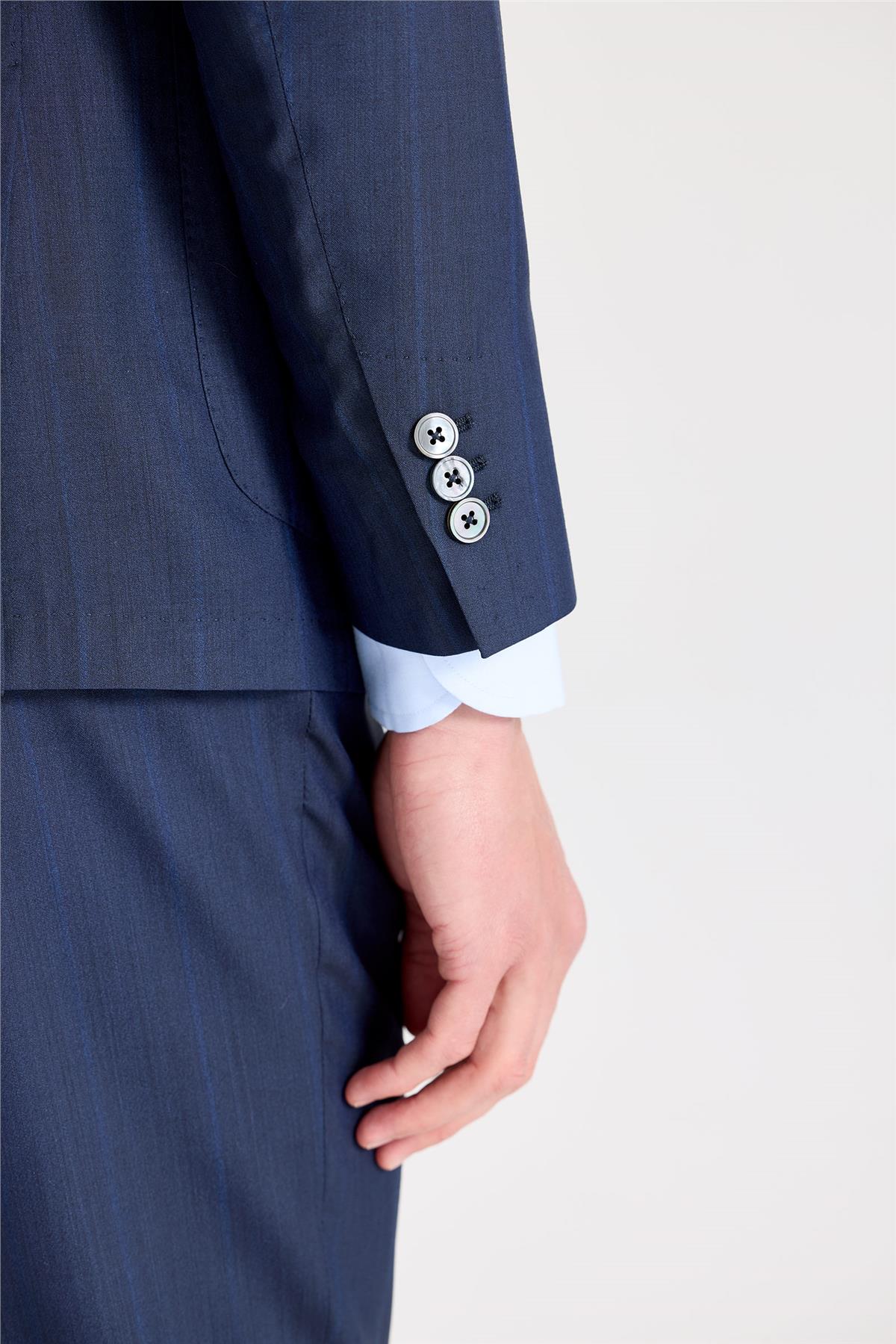 Lacivert Çizgili Yün İpek Takım Elbise