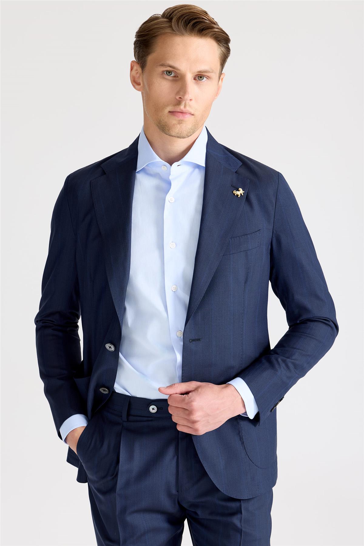 Lacivert Çizgili Yün İpek Takım Elbise