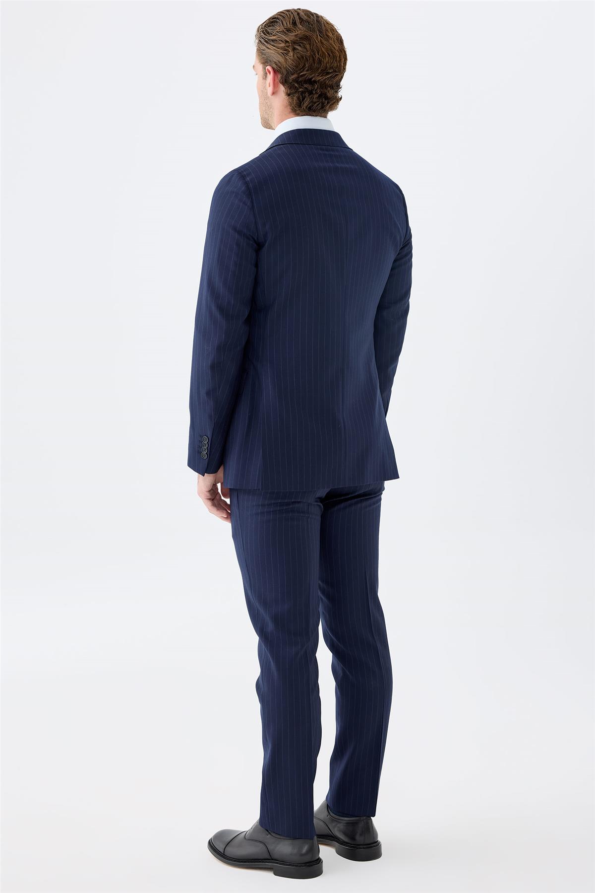 Lacivert Çizgili Yün Takım Elbise 