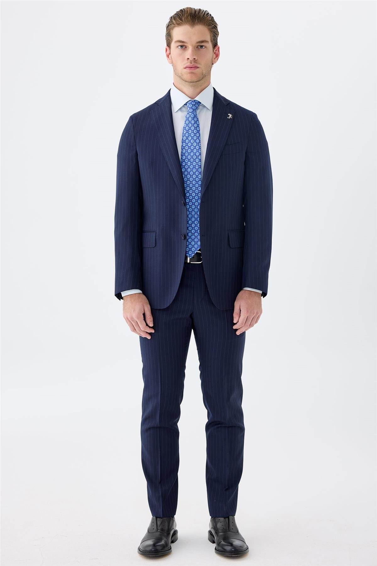 Lacivert Çizgili Yün Takım Elbise 