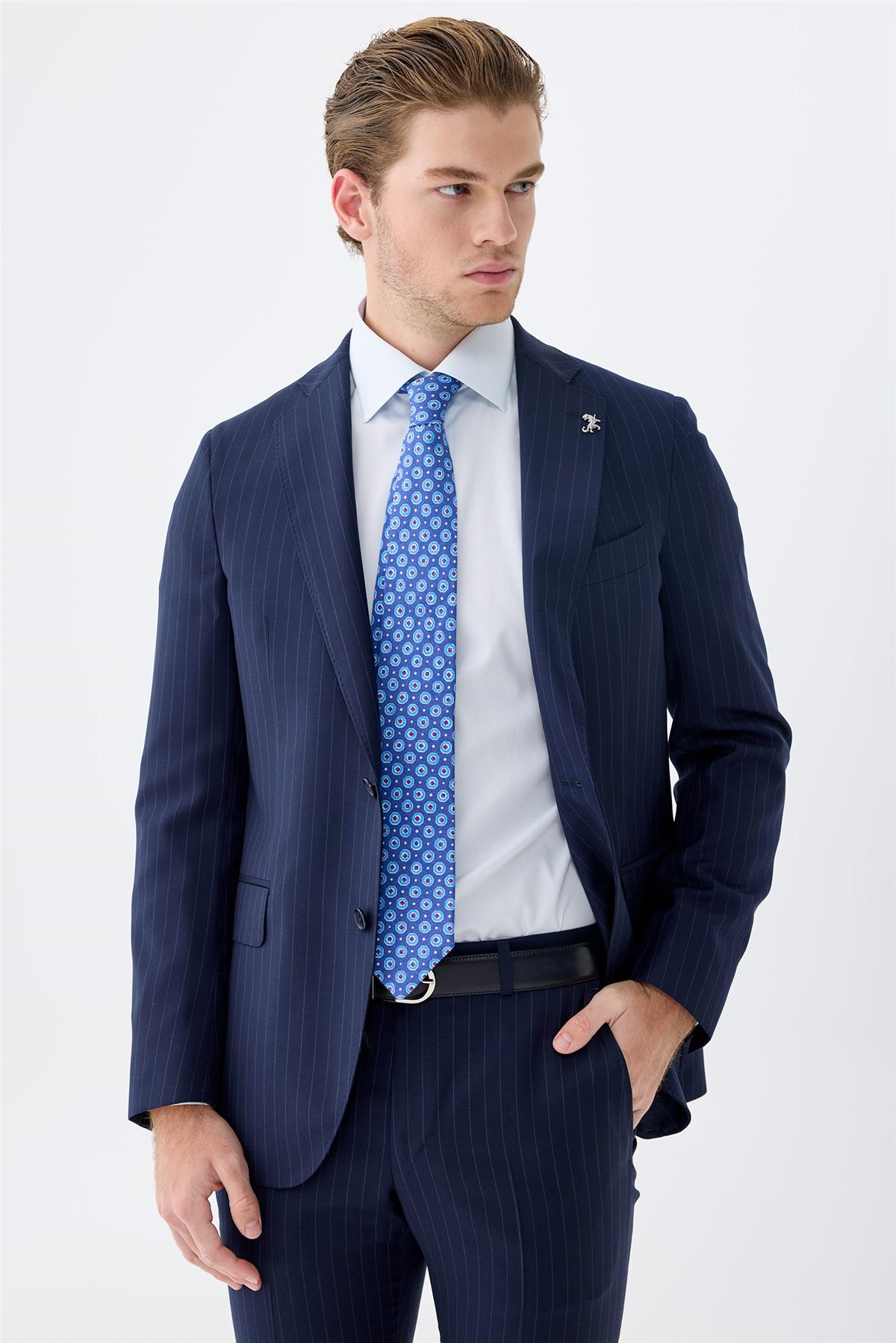 Lacivert Çizgili Yün Takım Elbise 