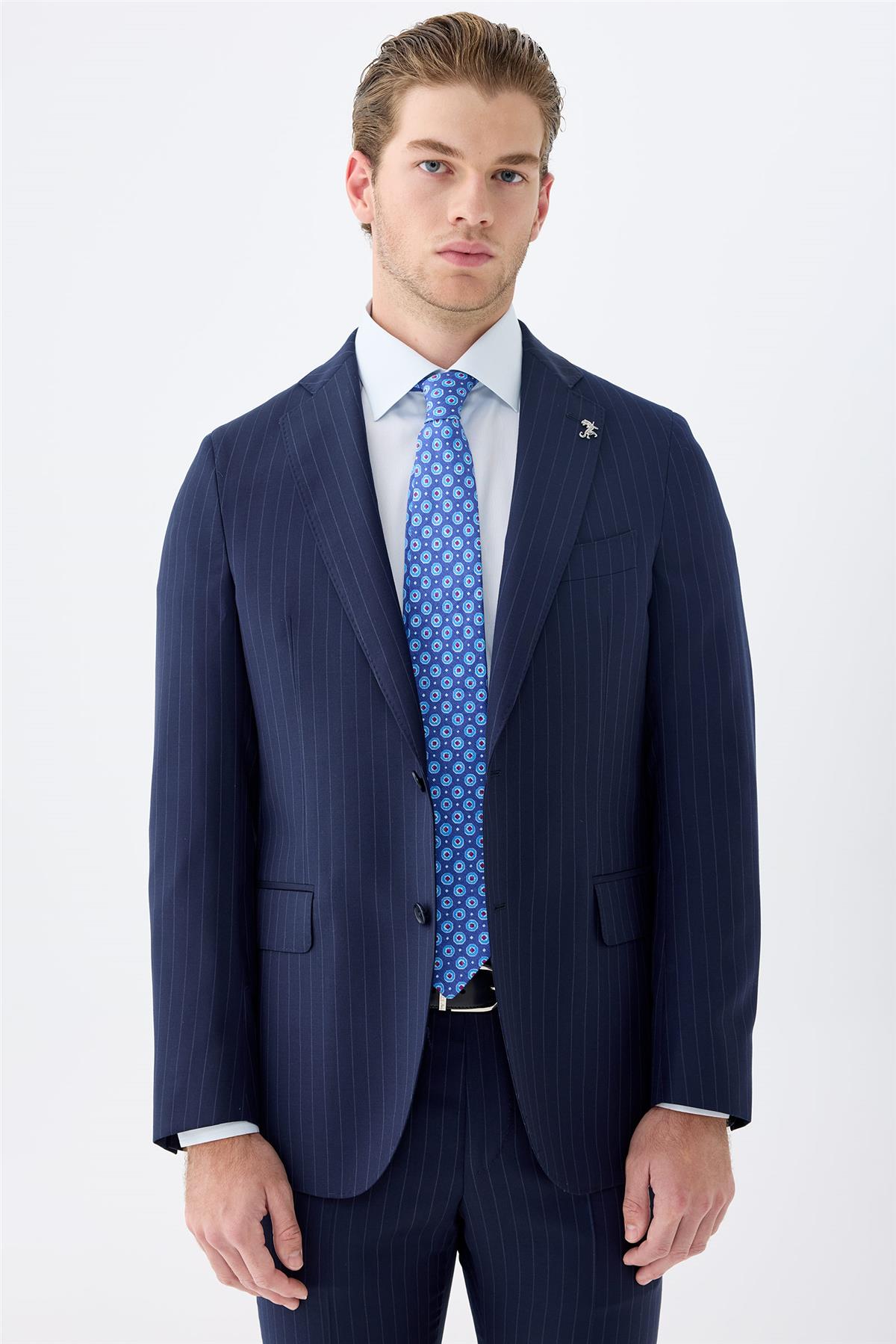 Lacivert Çizgili Yün Takım Elbise 