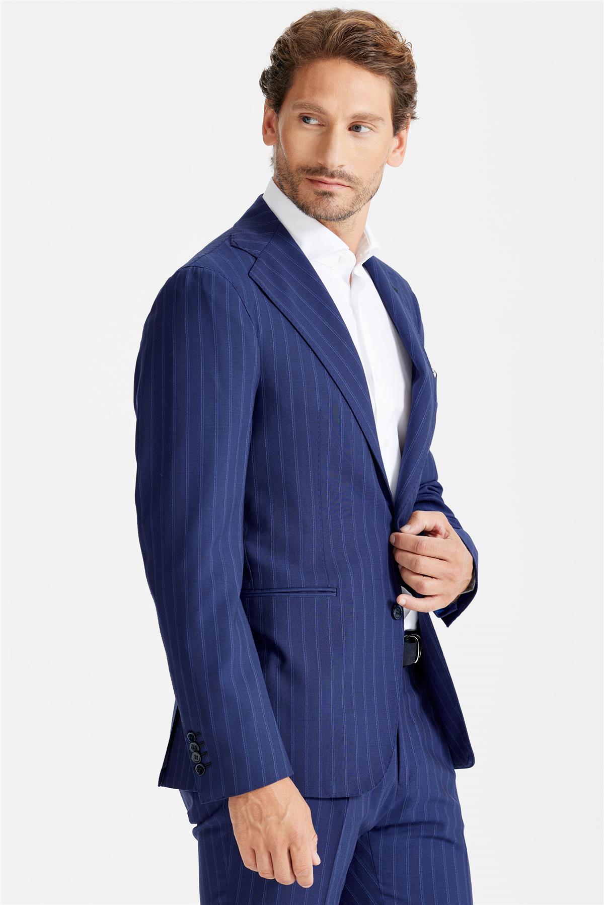 Lacivert Çizgili Yün Takım Elbise