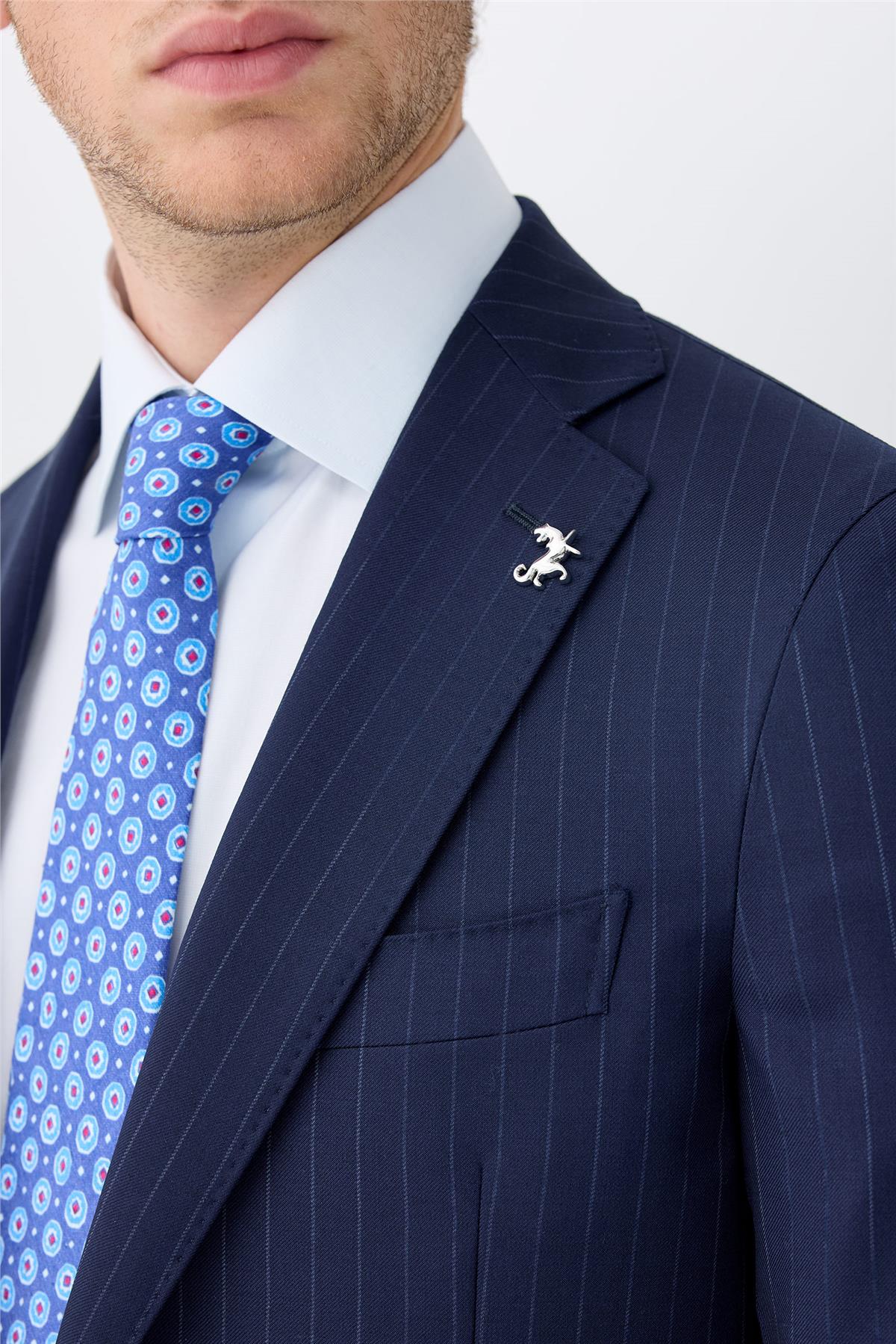 Lacivert Çizgili Yün Takım Elbise 