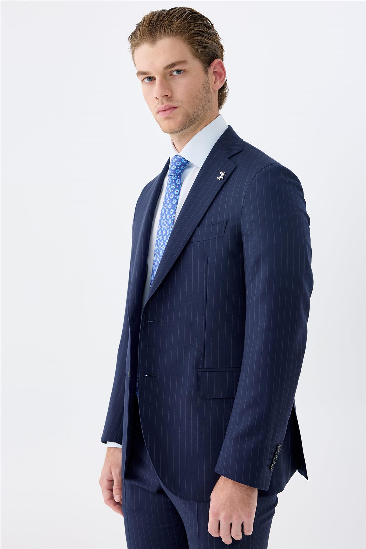 Lacivert Çizgili Yün Takım Elbise 