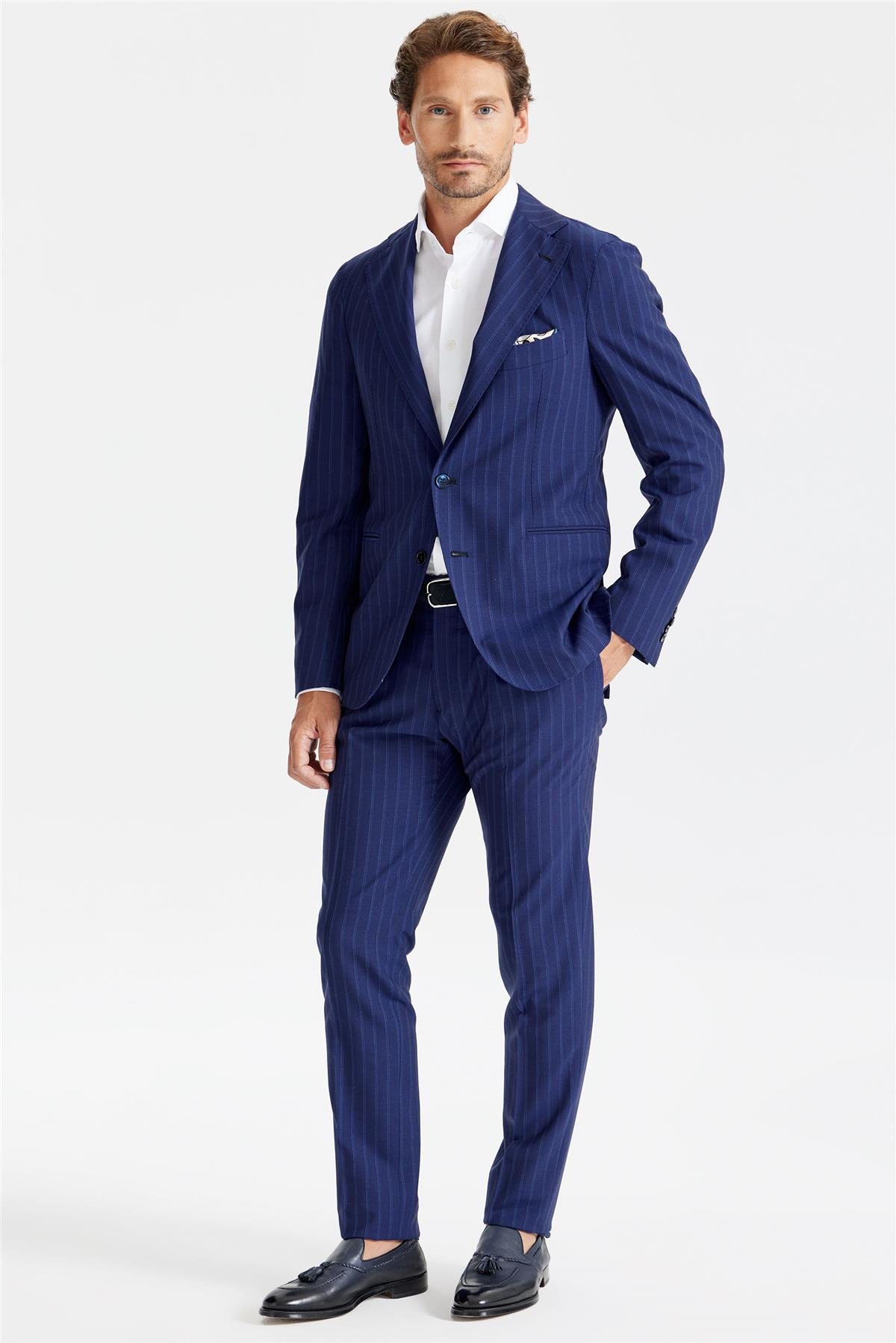 Lacivert Çizgili Yün Takım Elbise