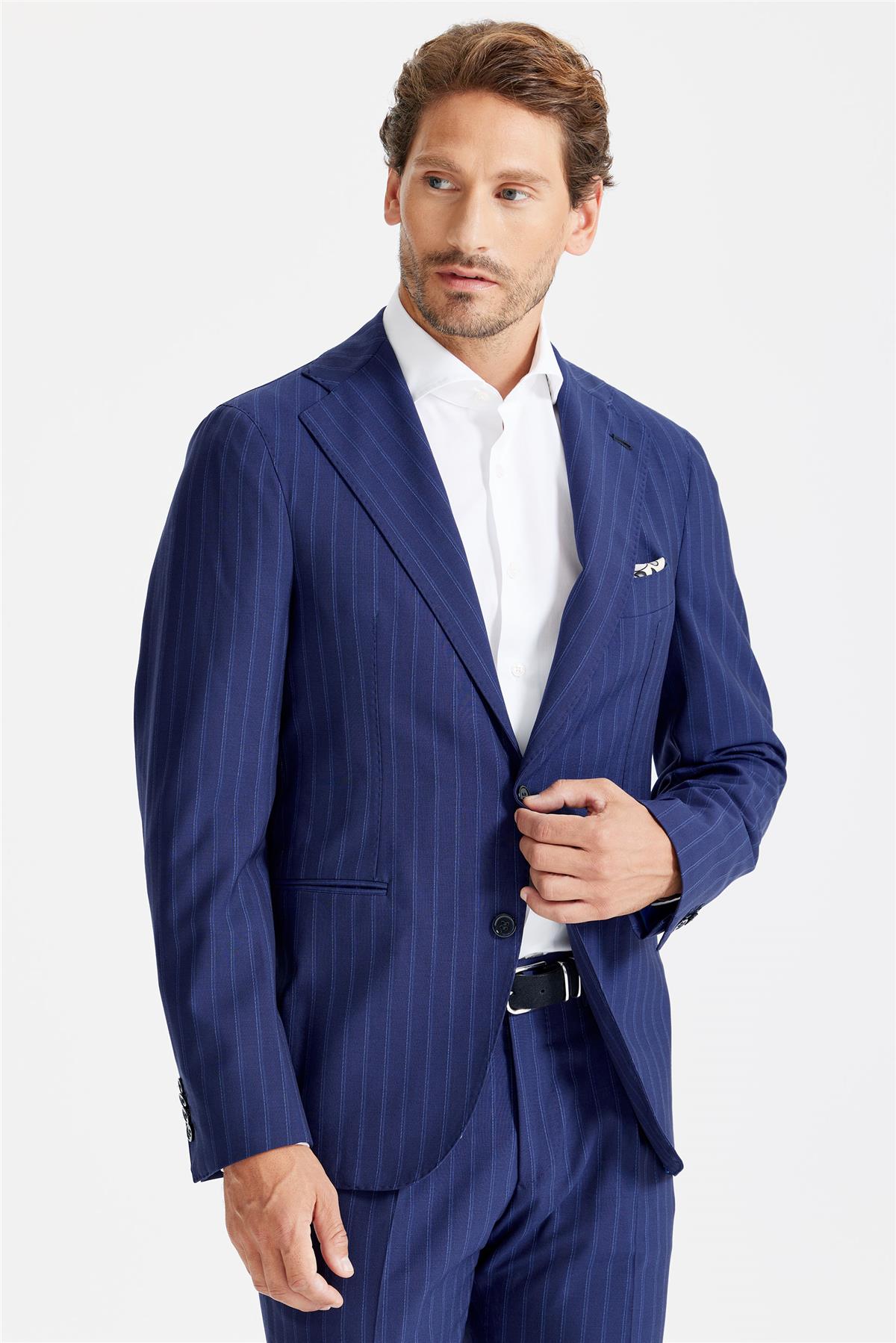 Lacivert Çizgili Yün Takım Elbise