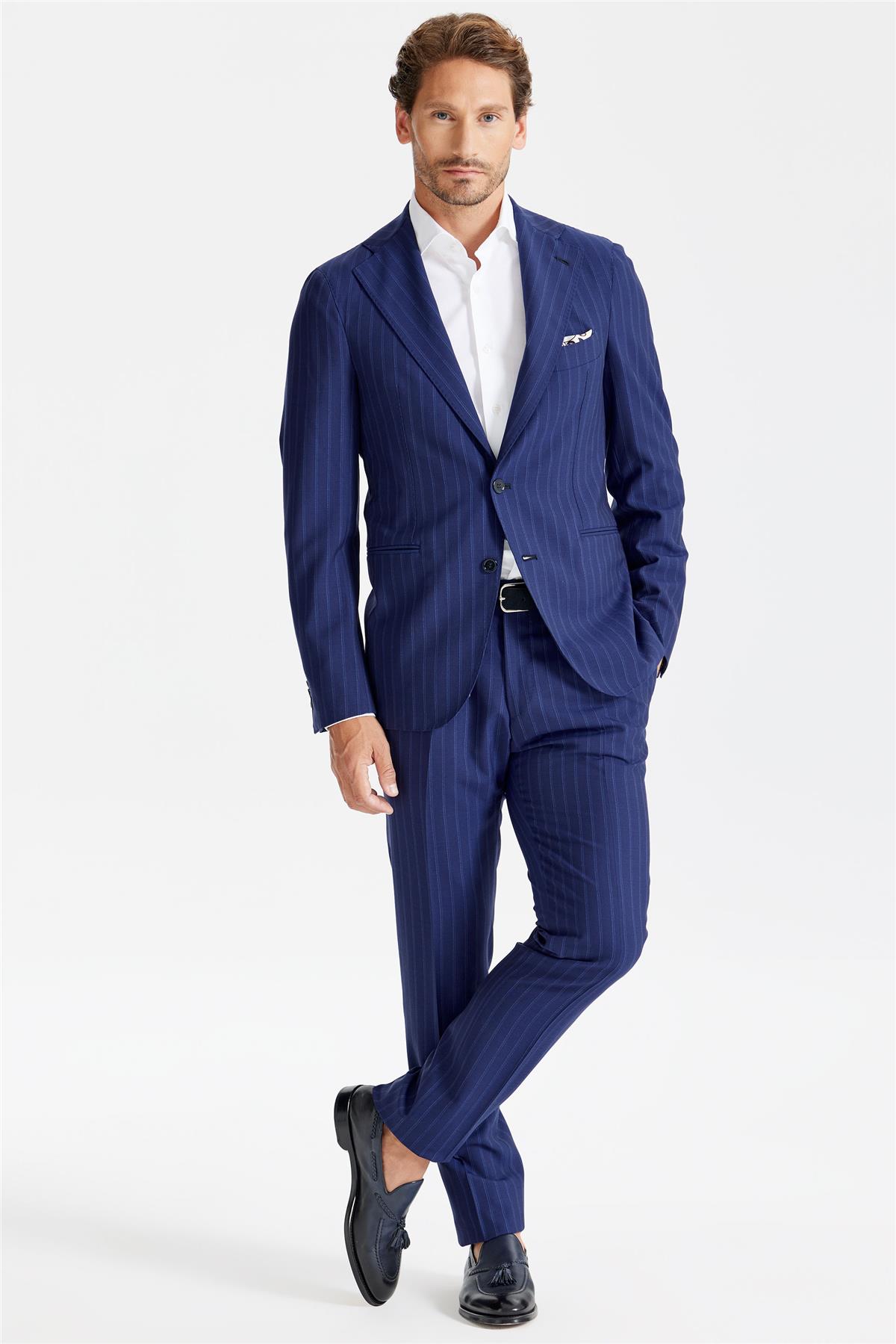 Lacivert Çizgili Yün Takım Elbise