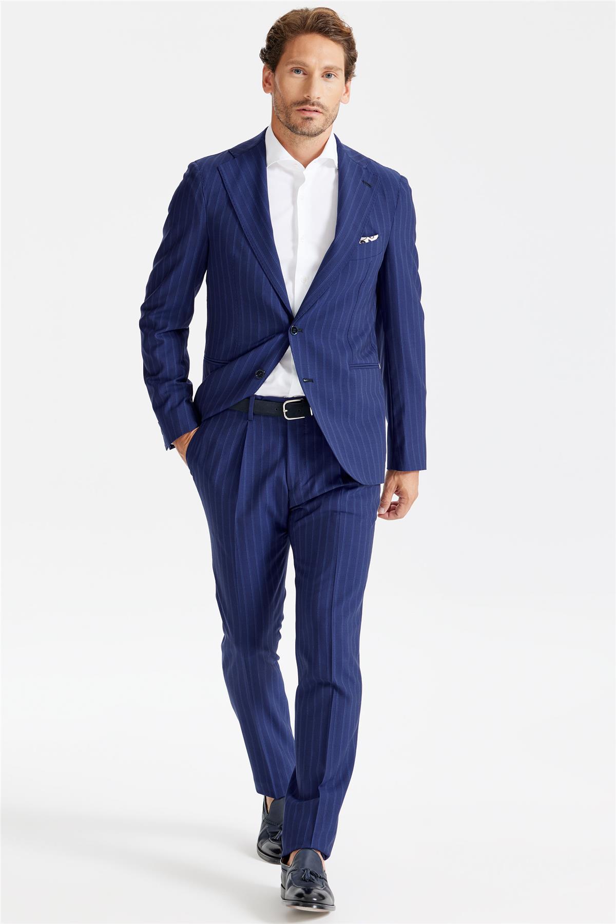 Lacivert Çizgili Yün Takım Elbise