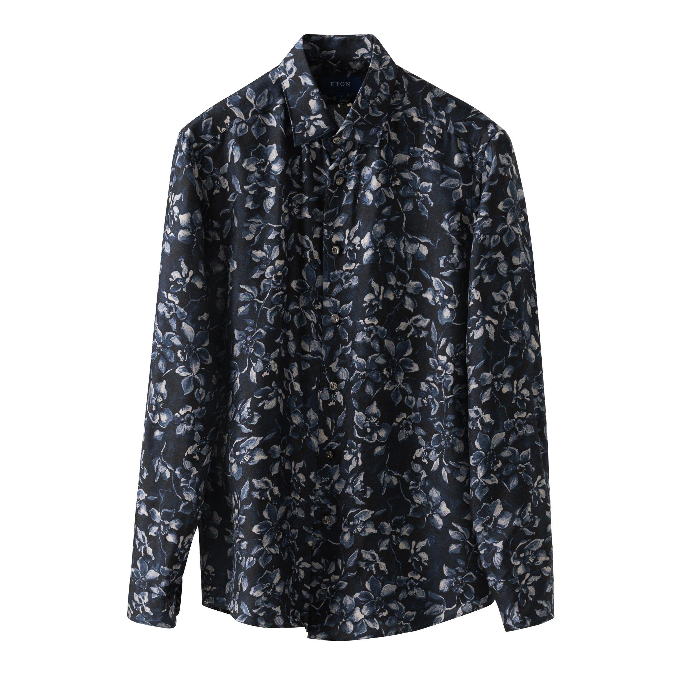 Lacivert Desenli İpek Gömlek