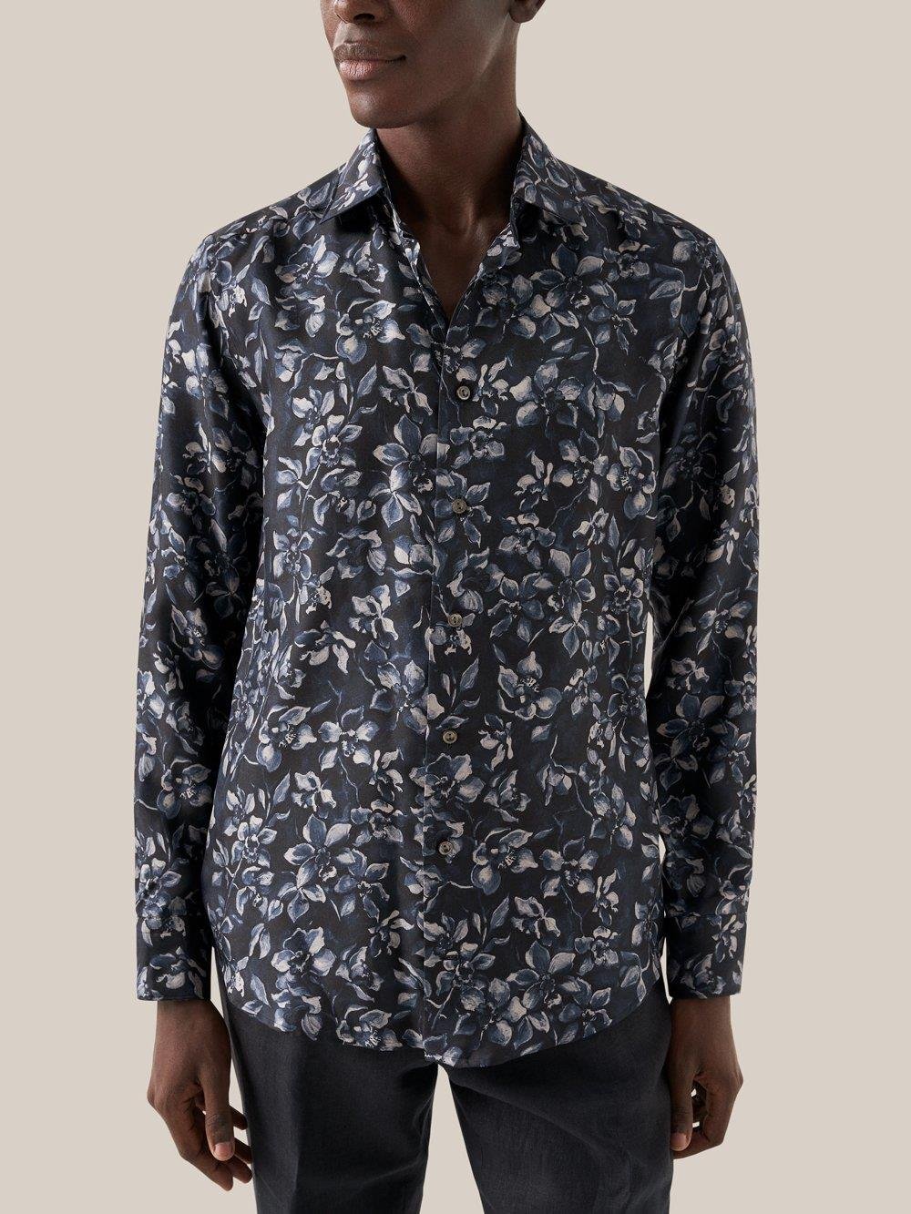 Lacivert Desenli İpek Gömlek