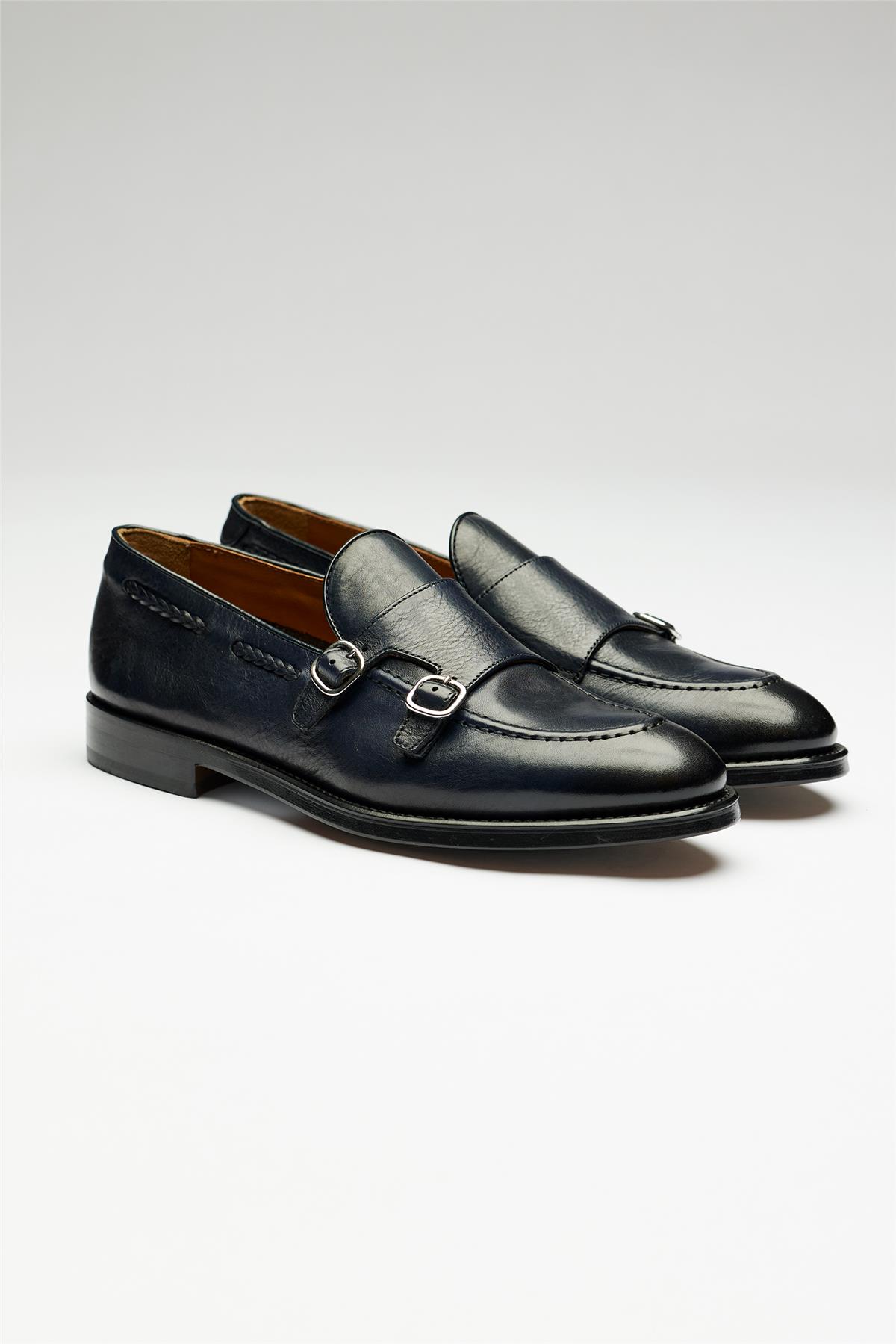 Lacivert Double Monk Deri Loafer