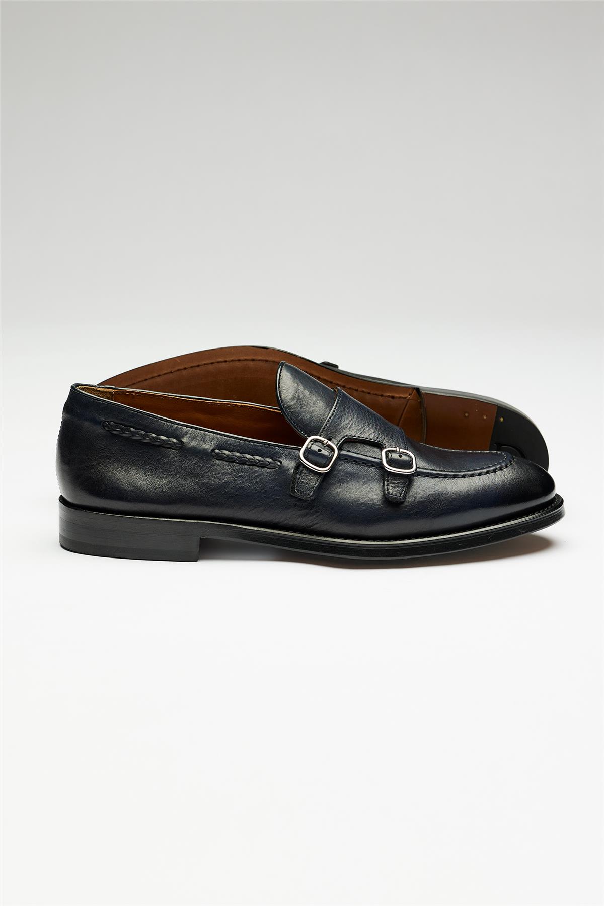 Lacivert Double Monk Deri Loafer