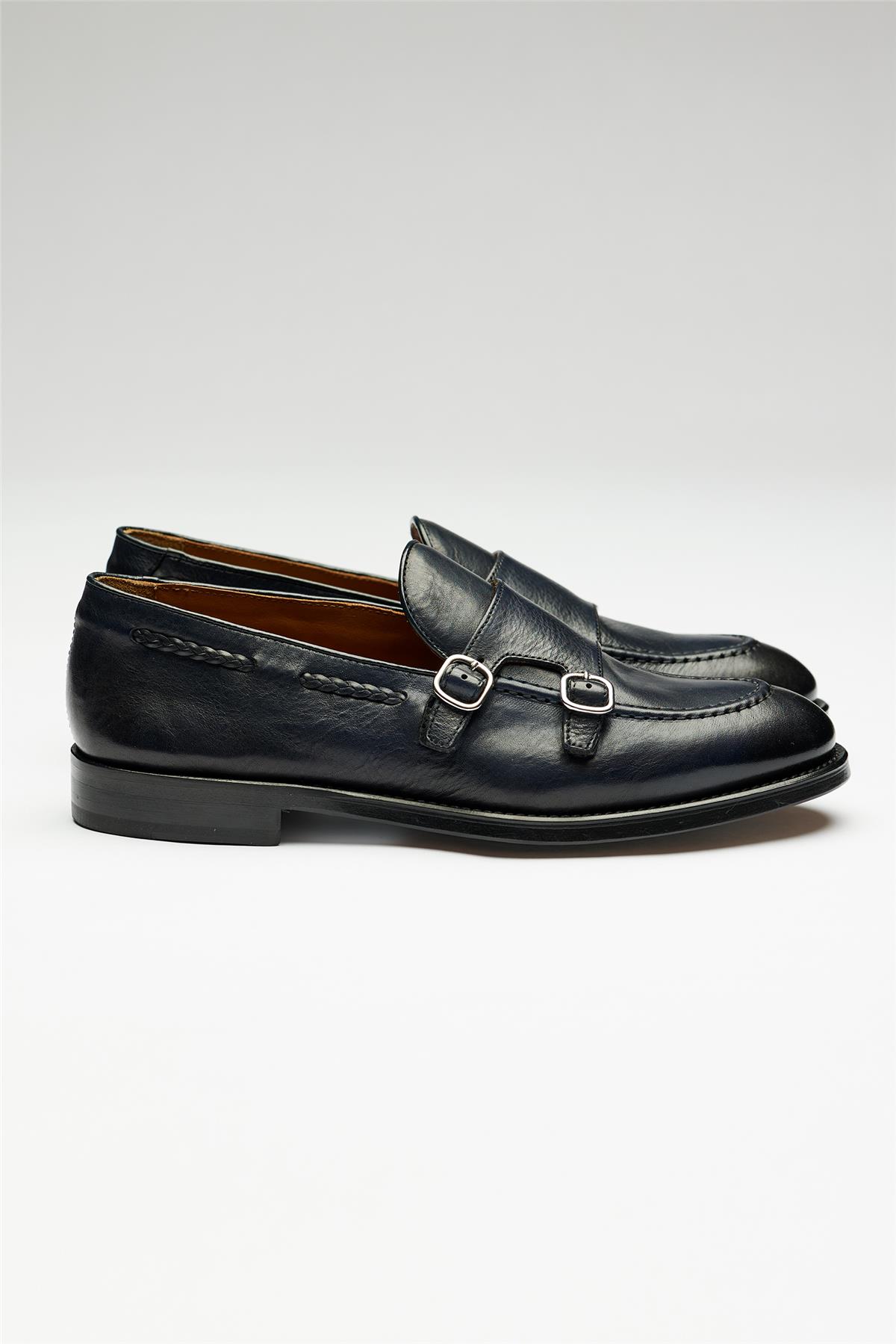 Lacivert Double Monk Deri Loafer