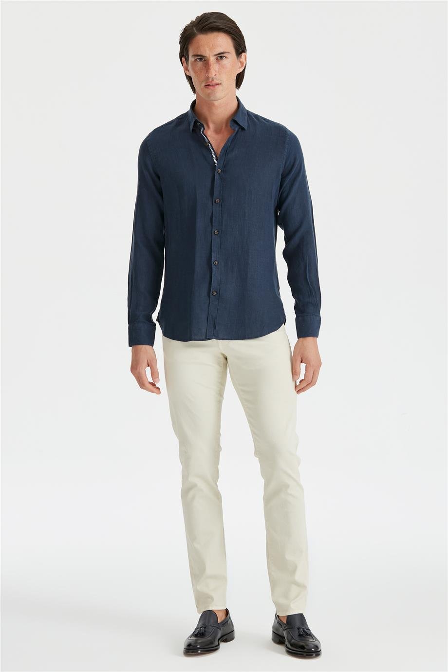 Lacivert Erkek Keten Gömlek