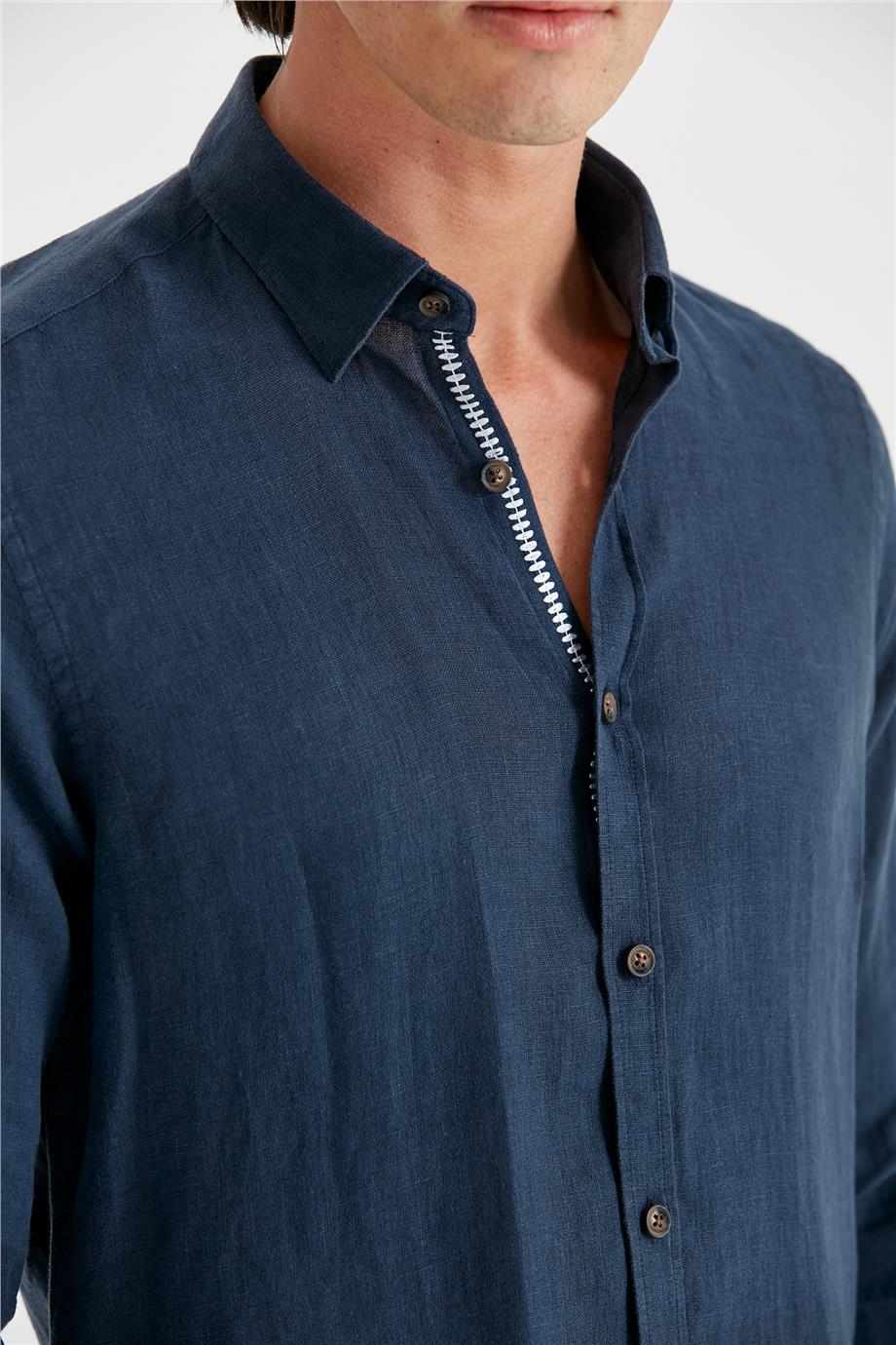 Lacivert Erkek Keten Gömlek