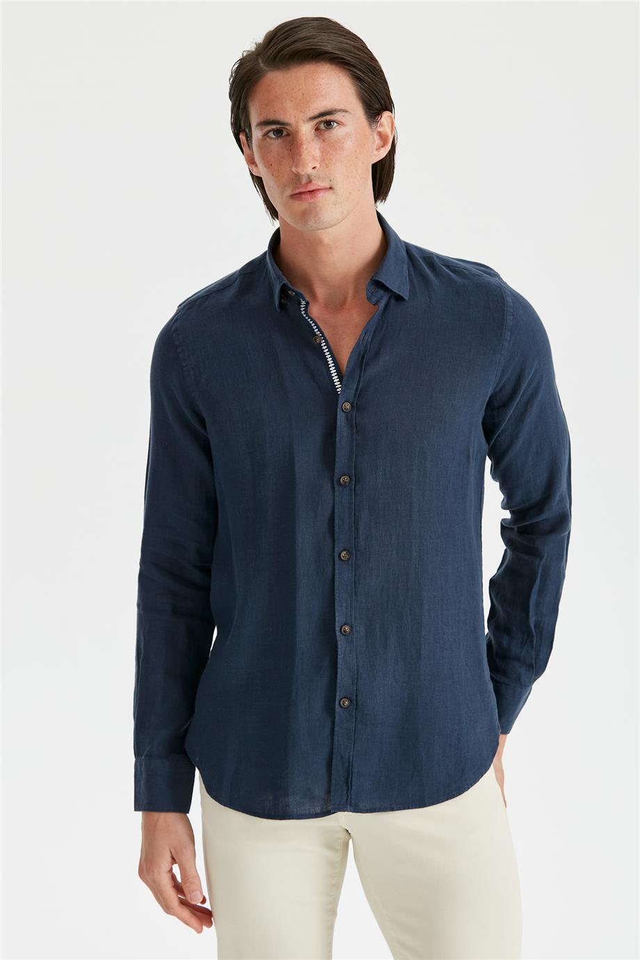 Lacivert Erkek Keten Gömlek