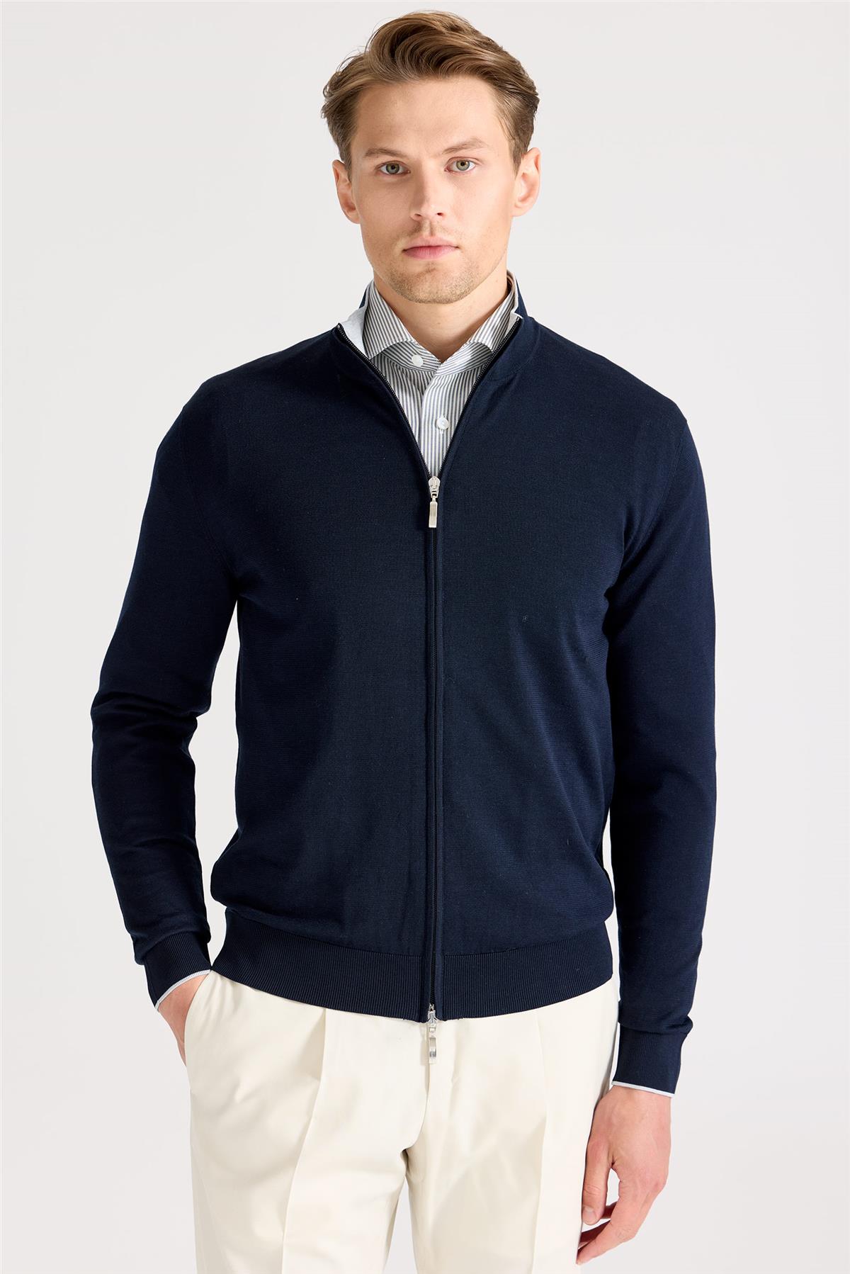 Lacivert Fermuarlı Pamuk İpek Hırka