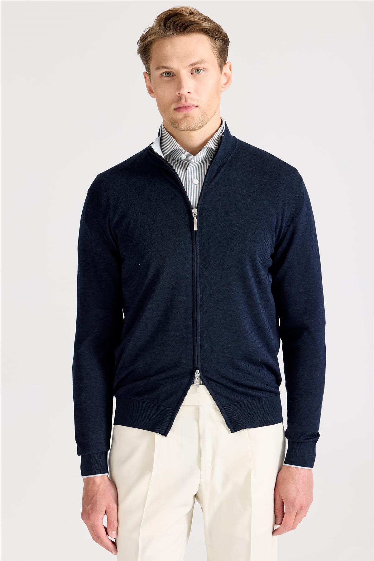 Lacivert Fermuarlı Pamuk İpek Hırka