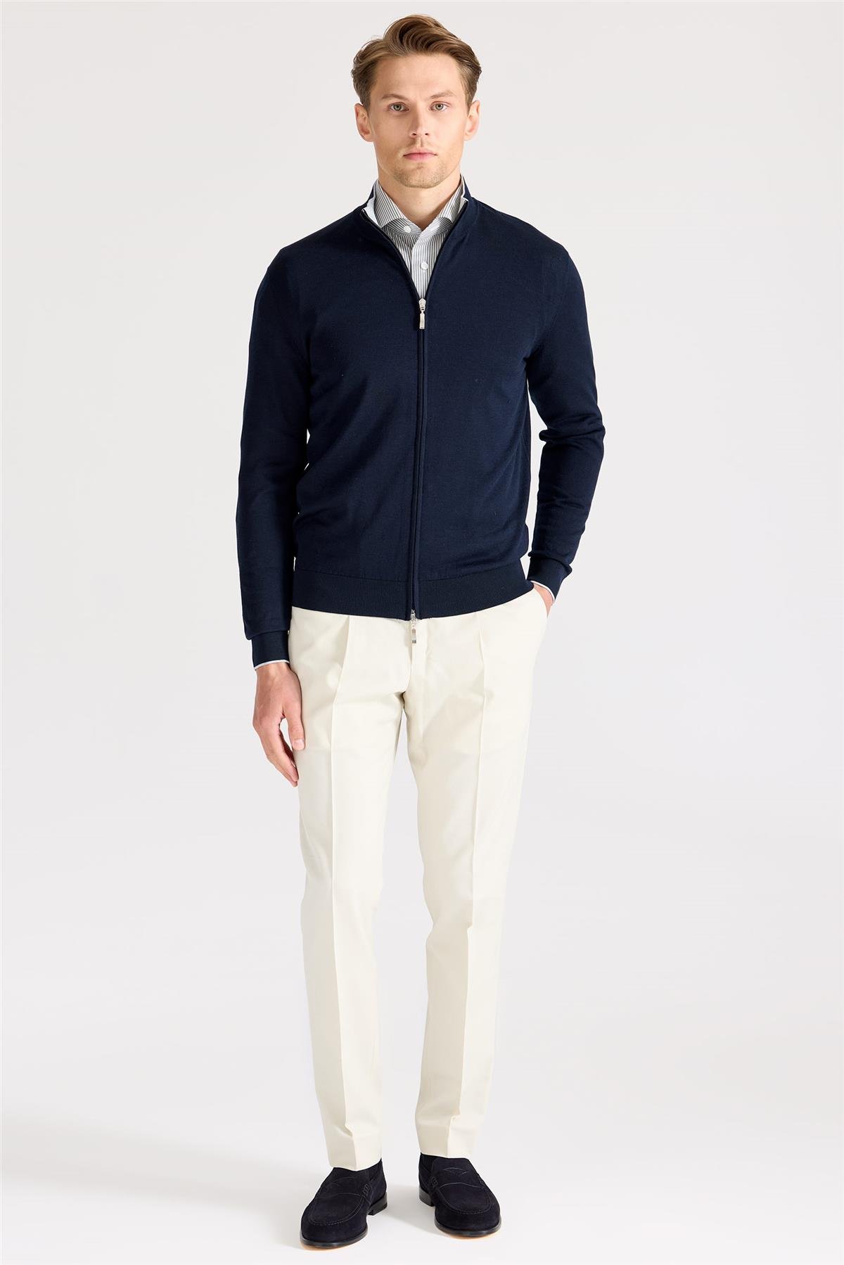 Lacivert Fermuarlı Pamuk İpek Hırka