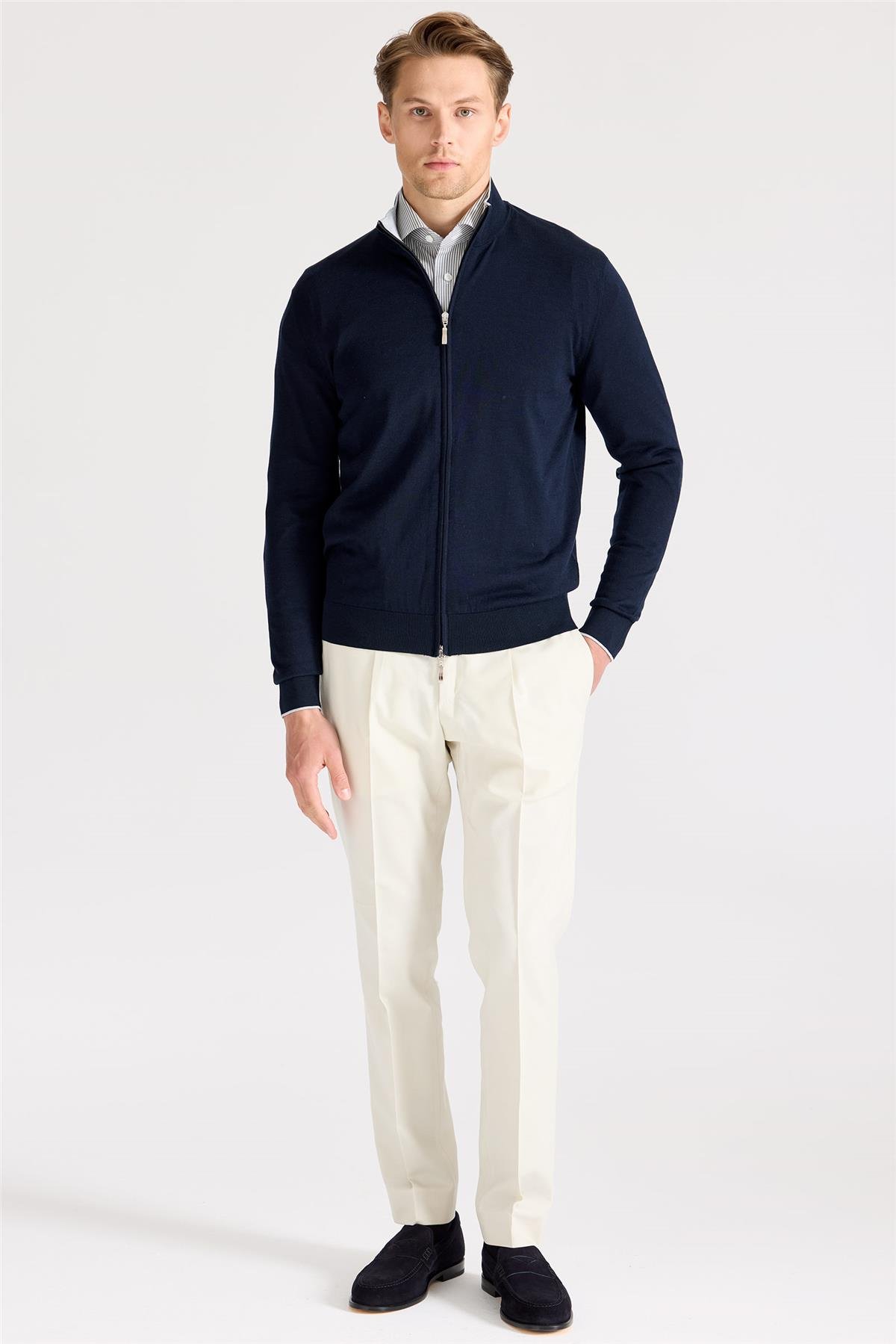 Lacivert Fermuarlı Pamuk İpek Hırka