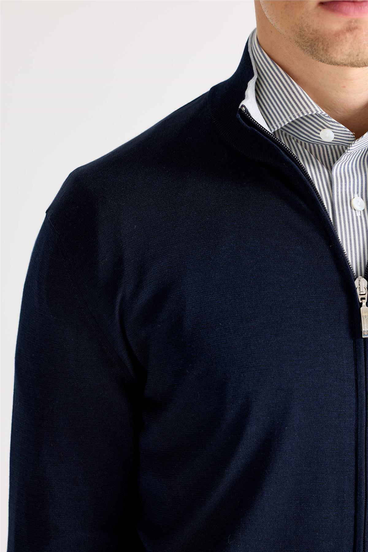 Lacivert Fermuarlı Pamuk İpek Hırka