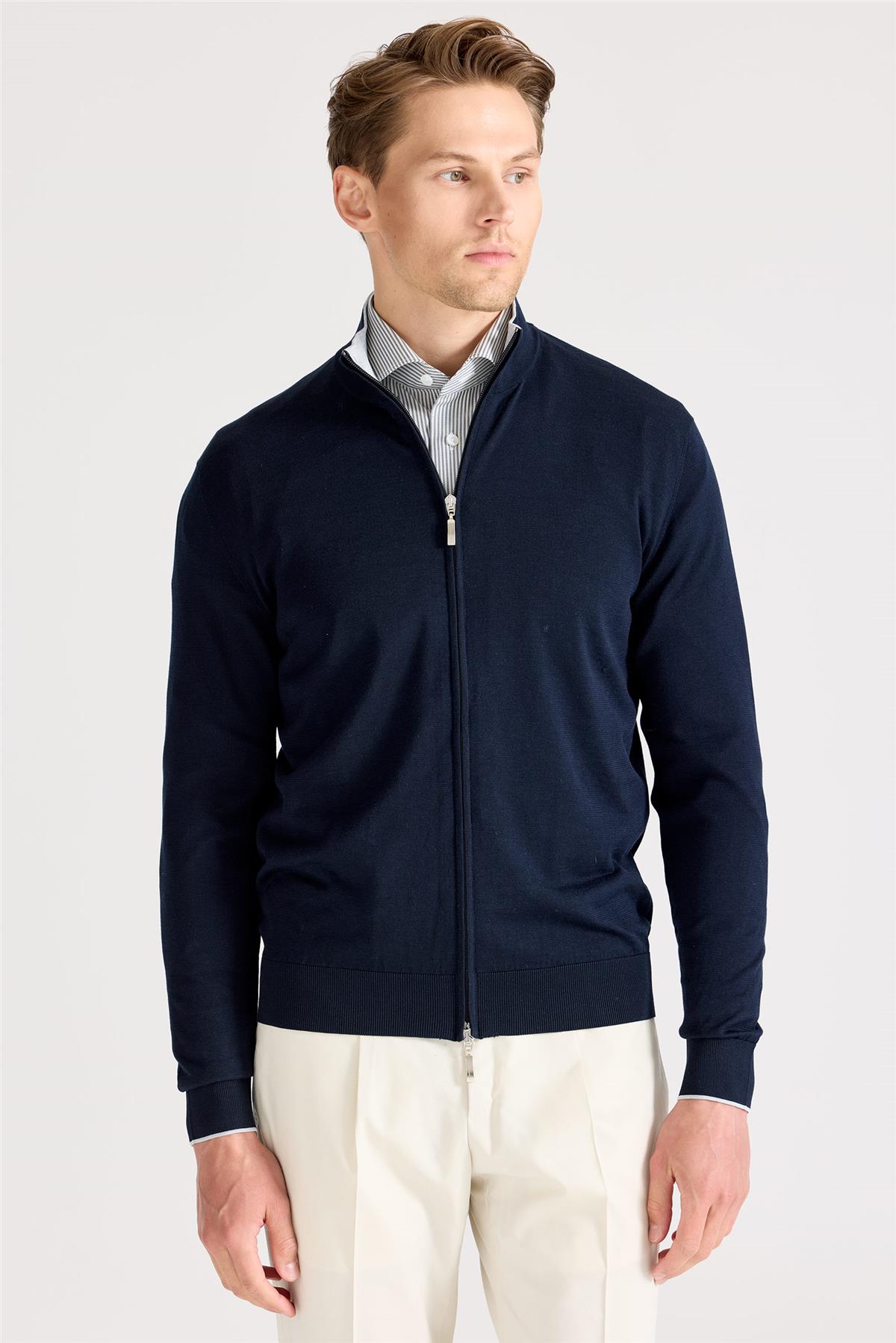 Lacivert Fermuarlı Pamuk İpek Hırka