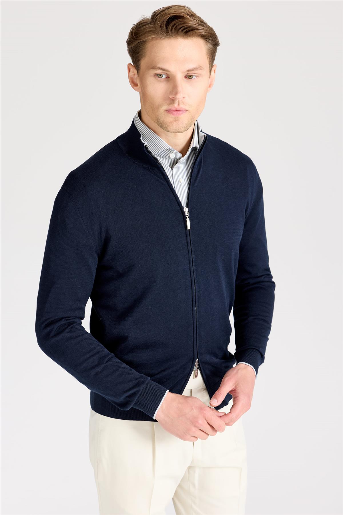 Lacivert Fermuarlı Pamuk İpek Hırka