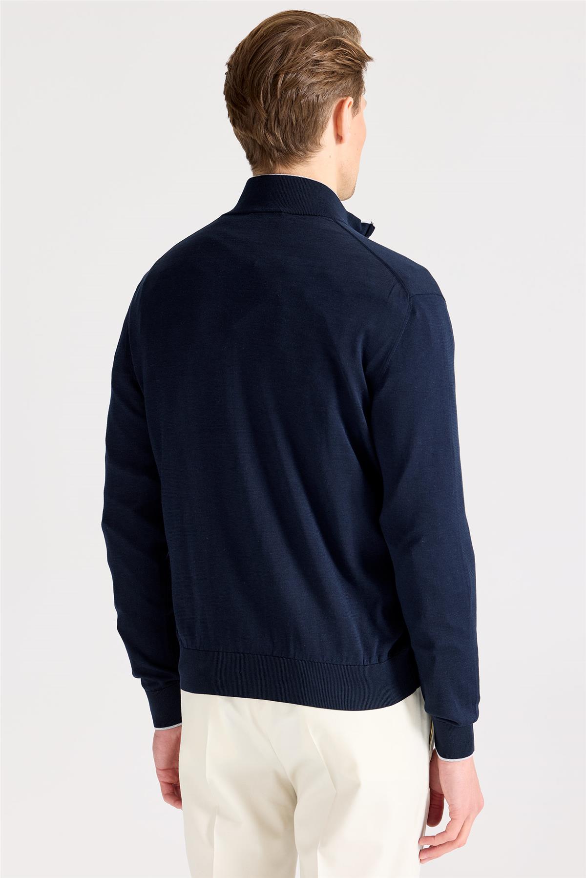 Lacivert Fermuarlı Pamuk İpek Hırka