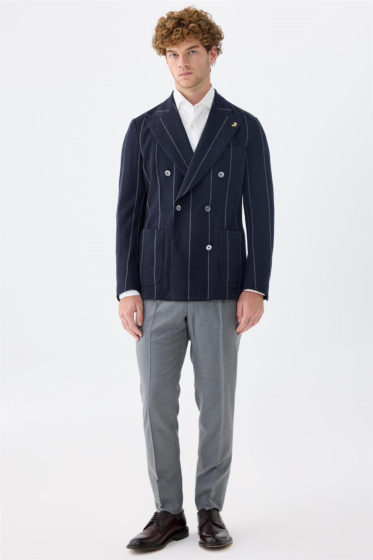 Lacivert Gri Çizgili Kruvaze Yün Ceket
