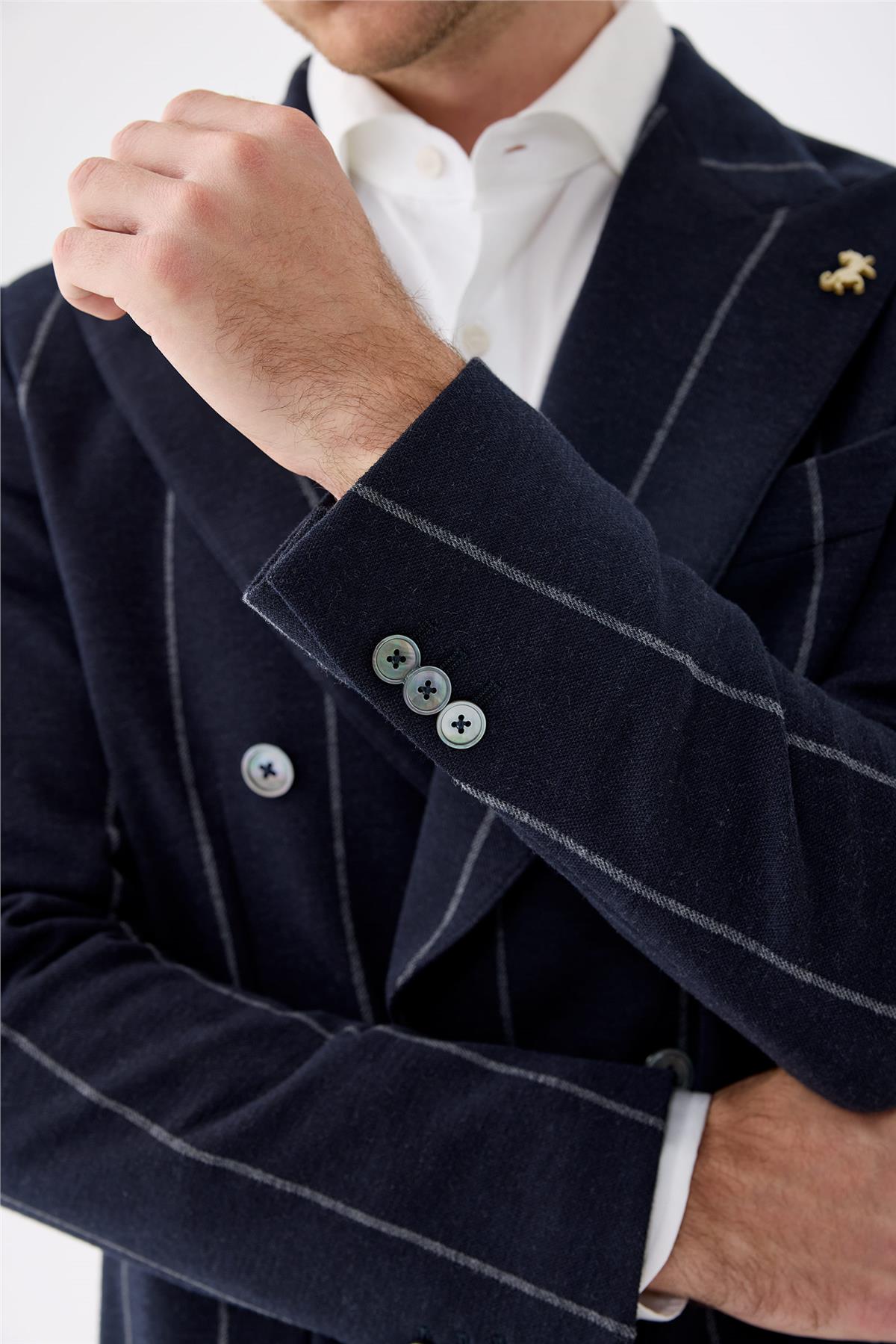 Lacivert Gri Çizgili Kruvaze Yün Ceket