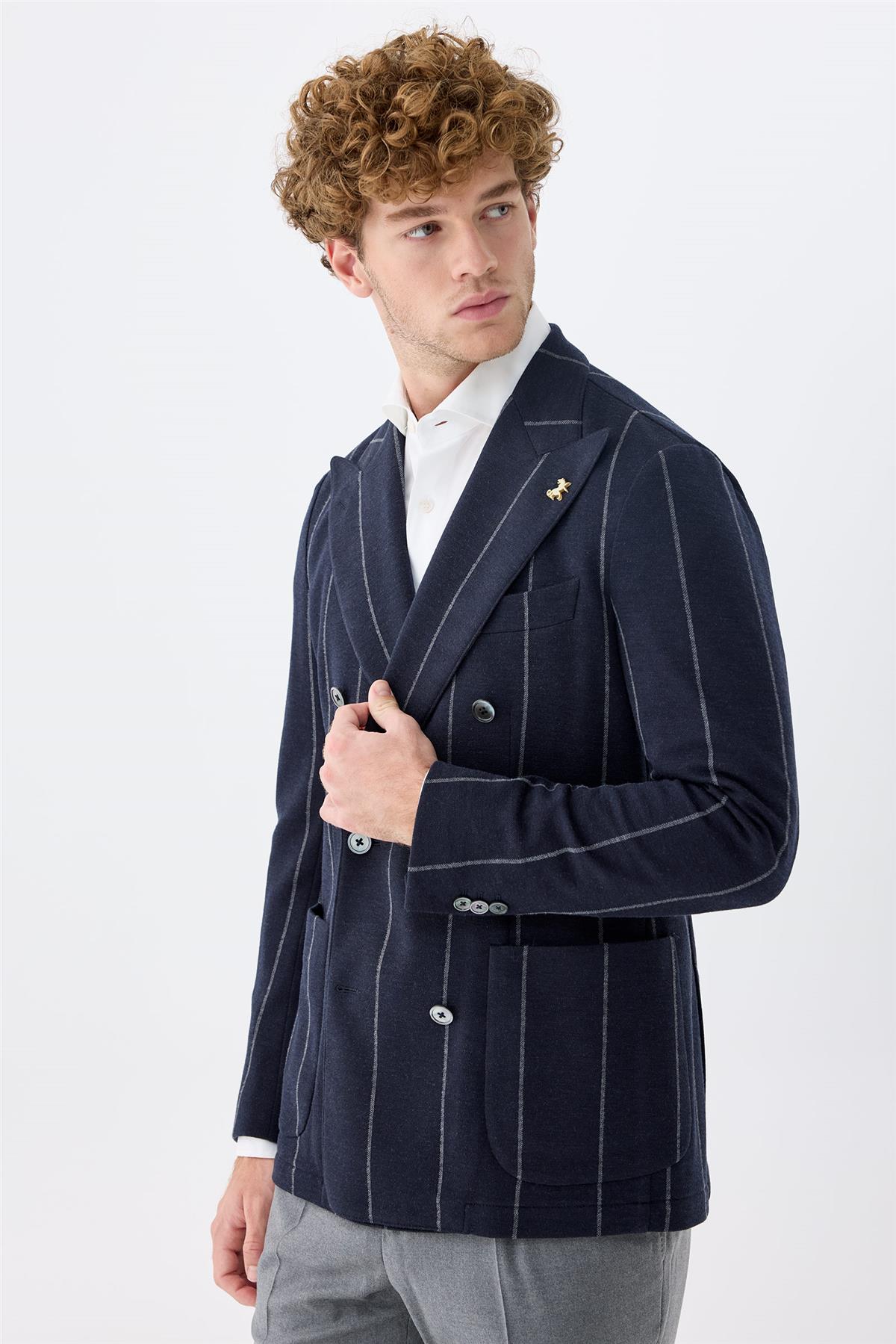 Lacivert Gri Çizgili Kruvaze Yün Ceket