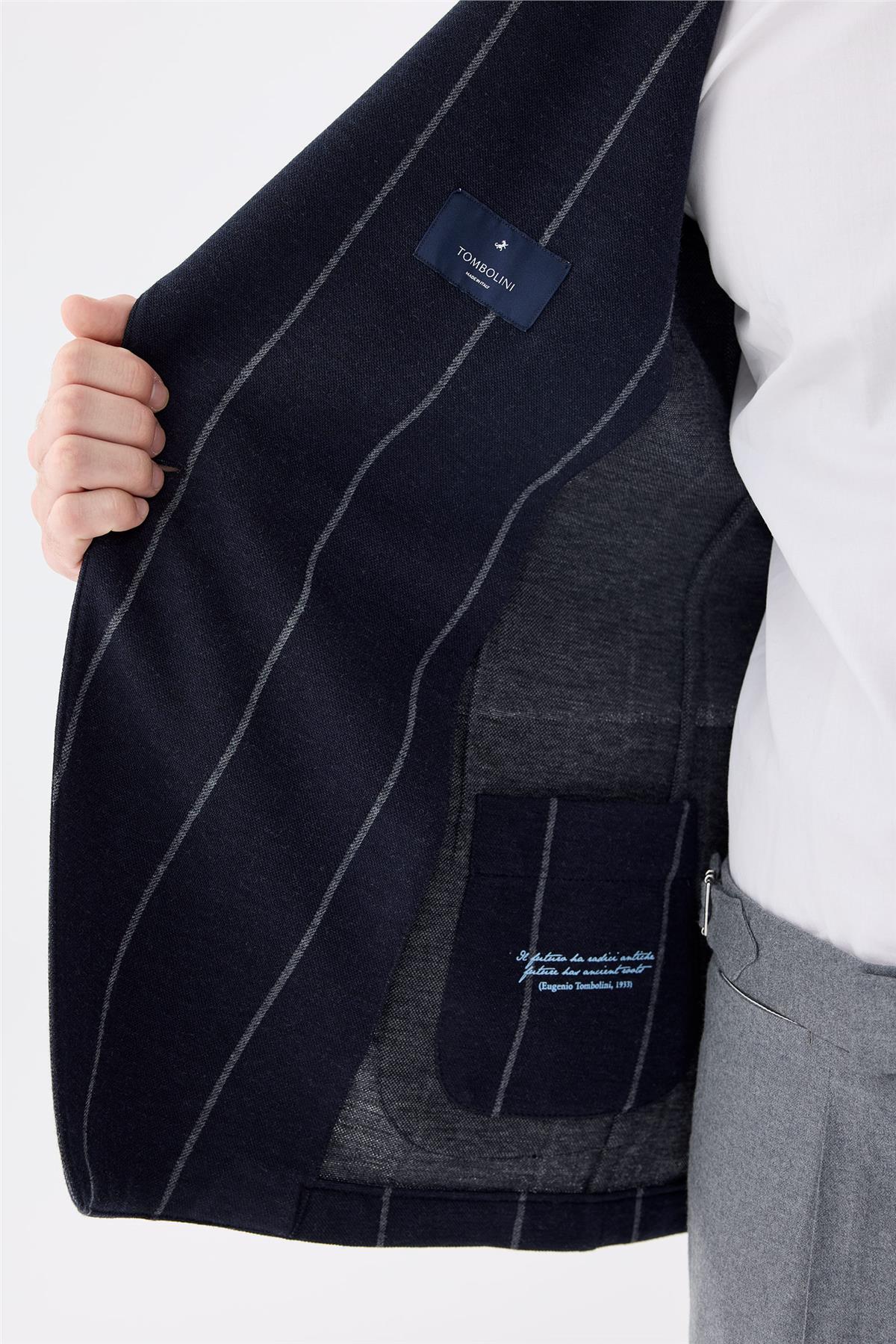 Lacivert Gri Çizgili Kruvaze Yün Ceket