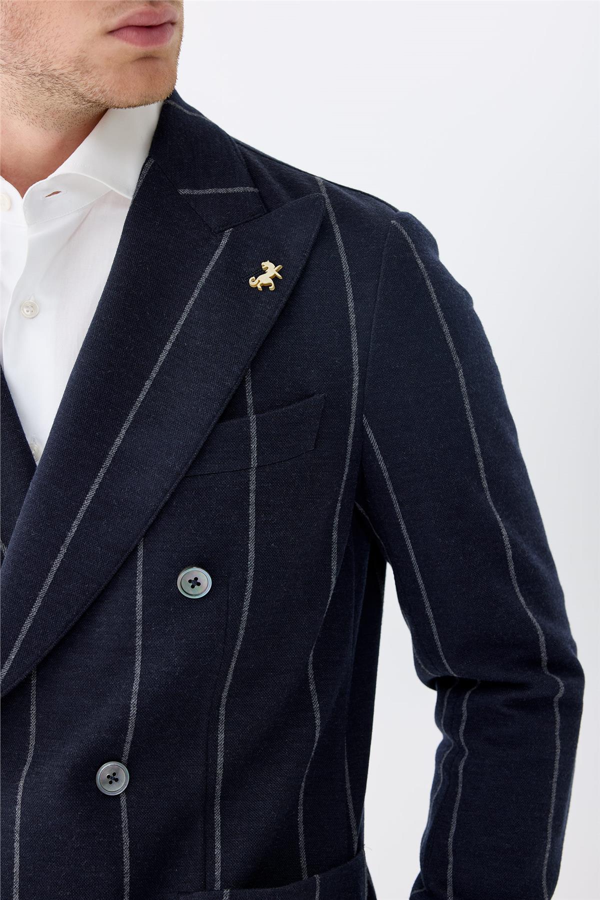 Lacivert Gri Çizgili Kruvaze Yün Ceket