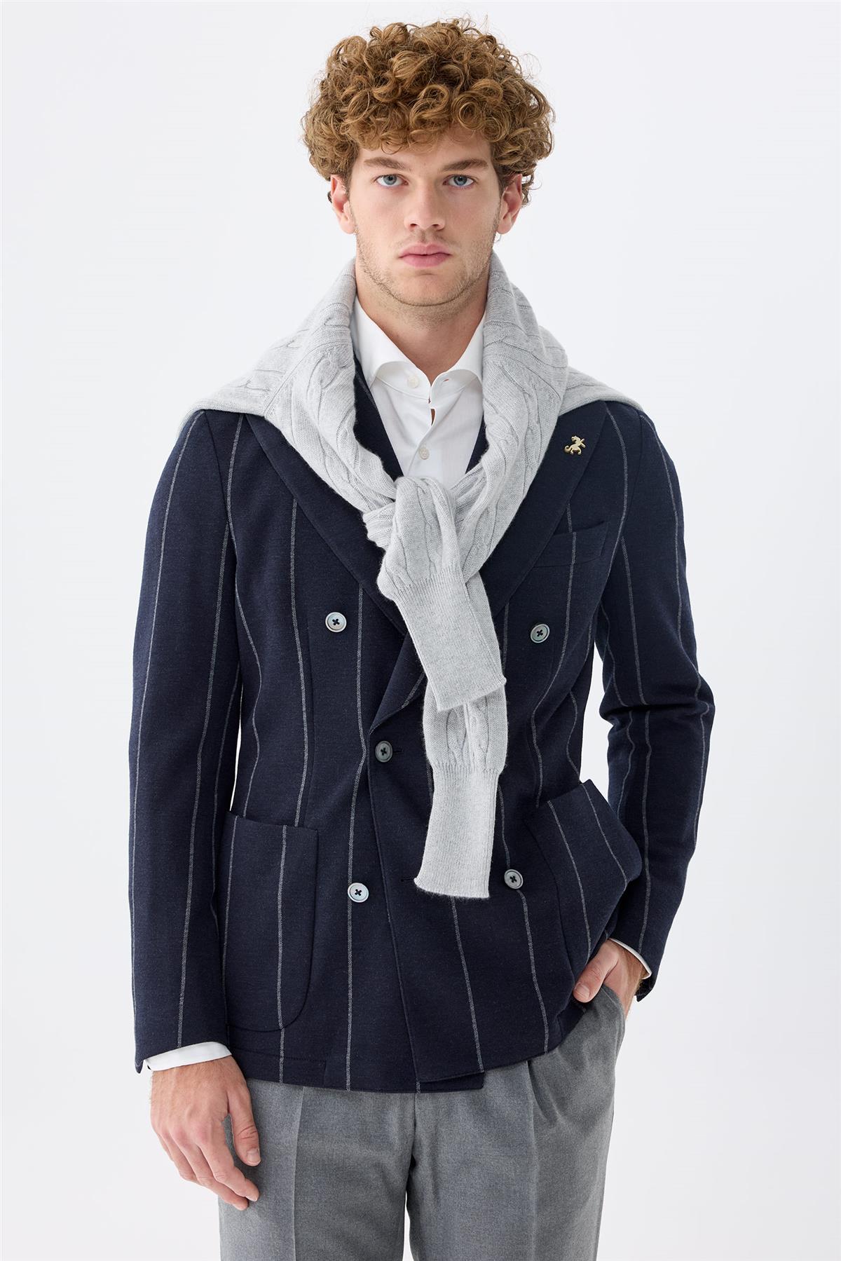 Lacivert Gri Çizgili Kruvaze Yün Ceket