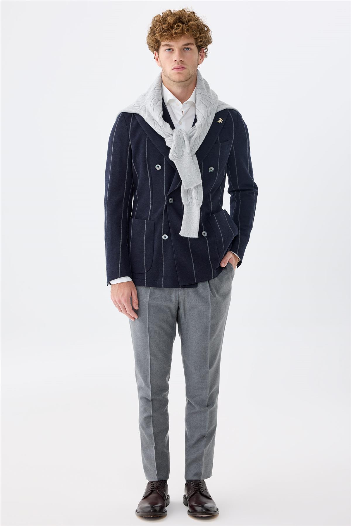 Lacivert Gri Çizgili Kruvaze Yün Ceket