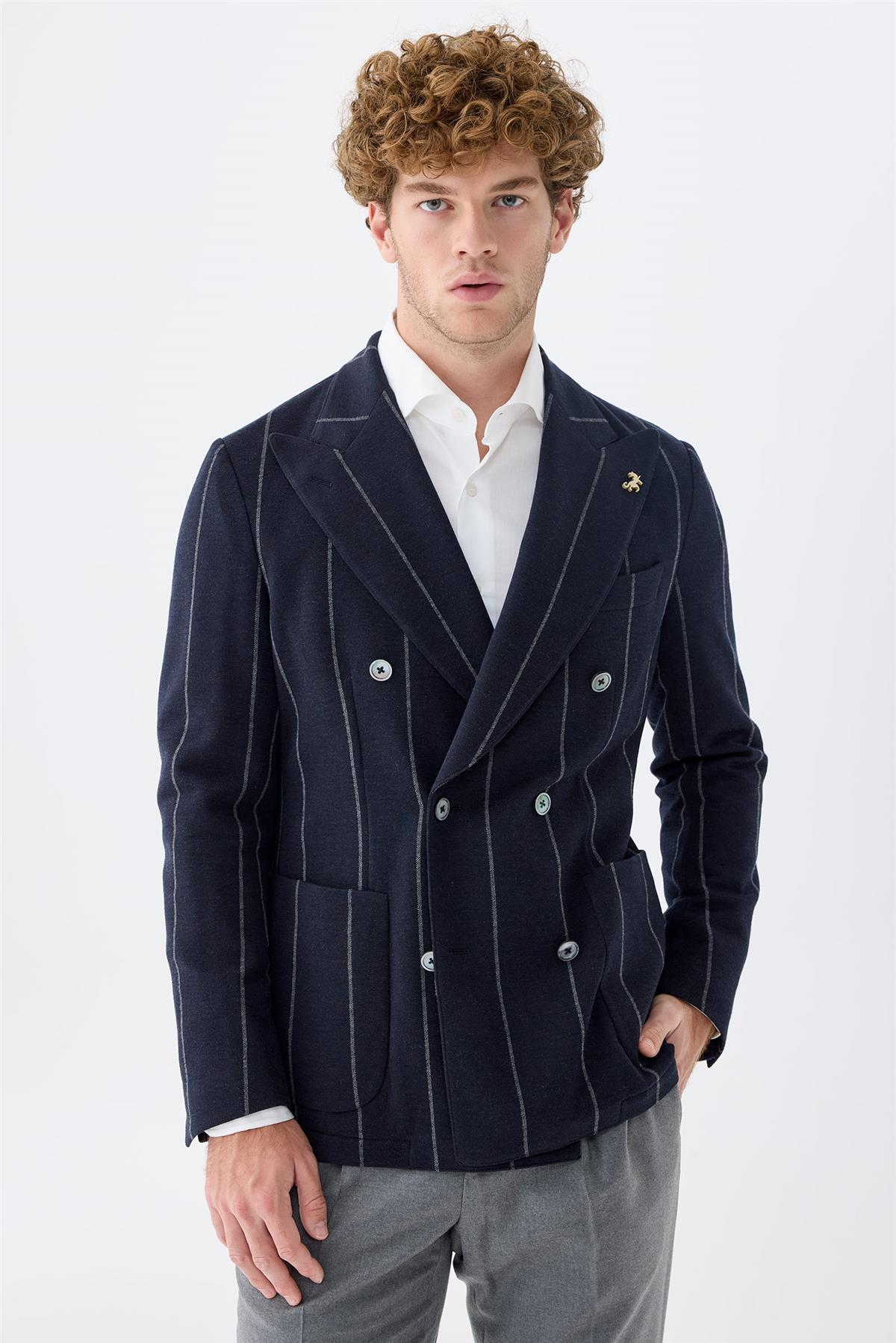 Lacivert Gri Çizgili Kruvaze Yün Ceket