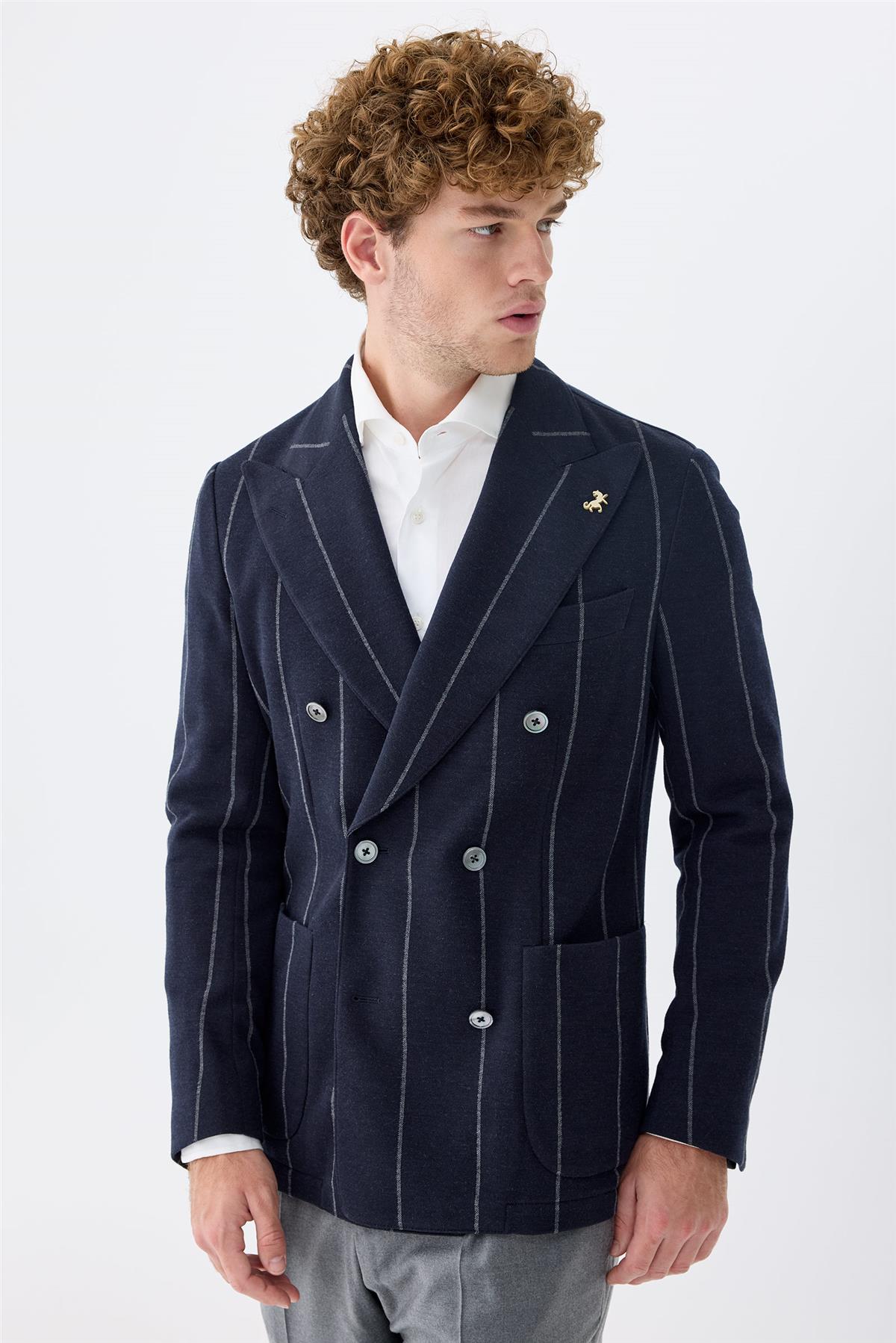 Lacivert Gri Çizgili Kruvaze Yün Ceket