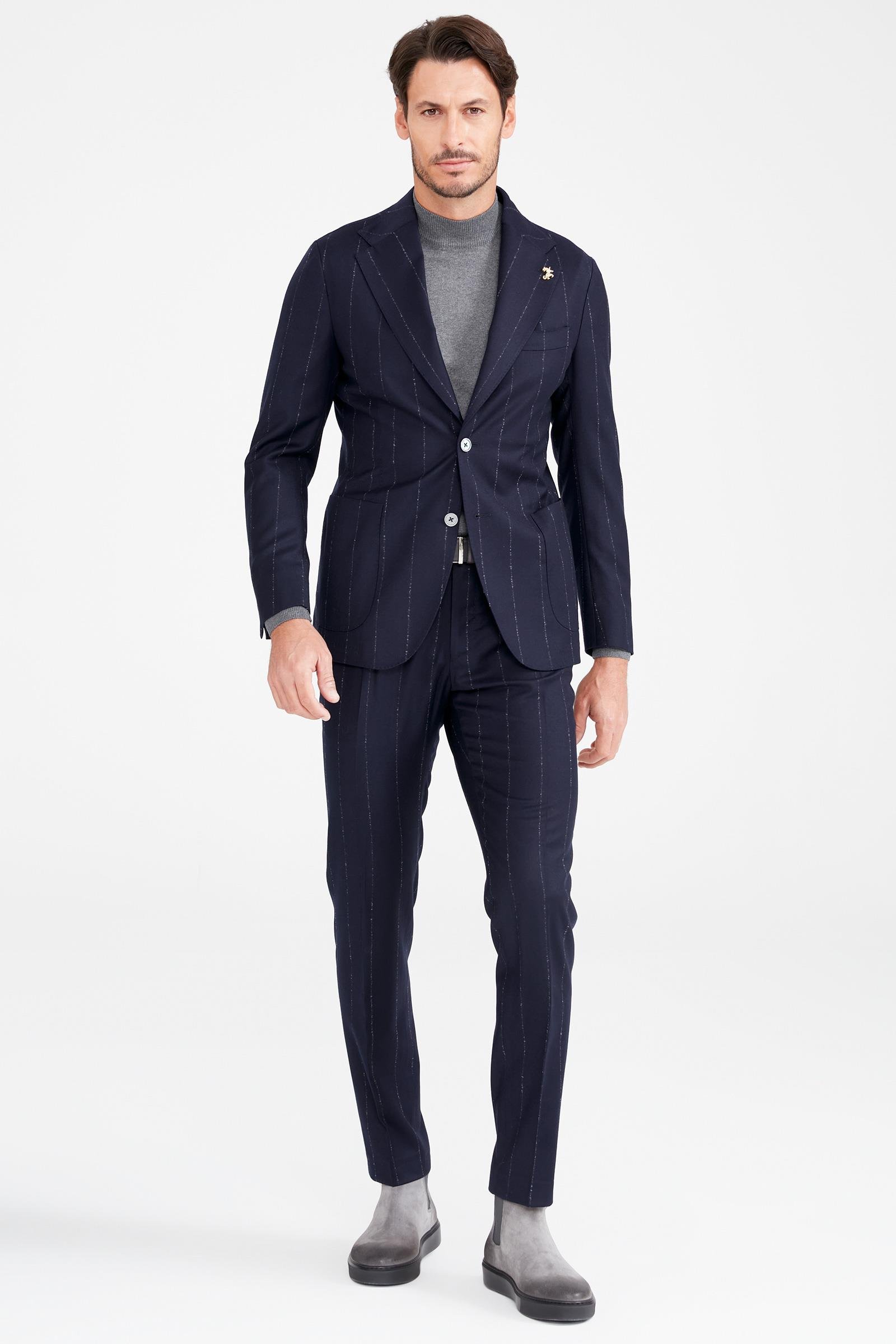 Lacivert Gri Çizgili Yün Takım Elbise