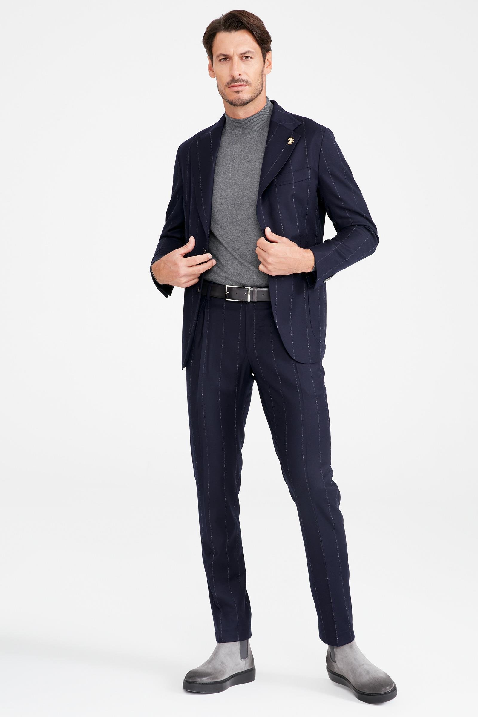 Lacivert Gri Çizgili Yün Takım Elbise